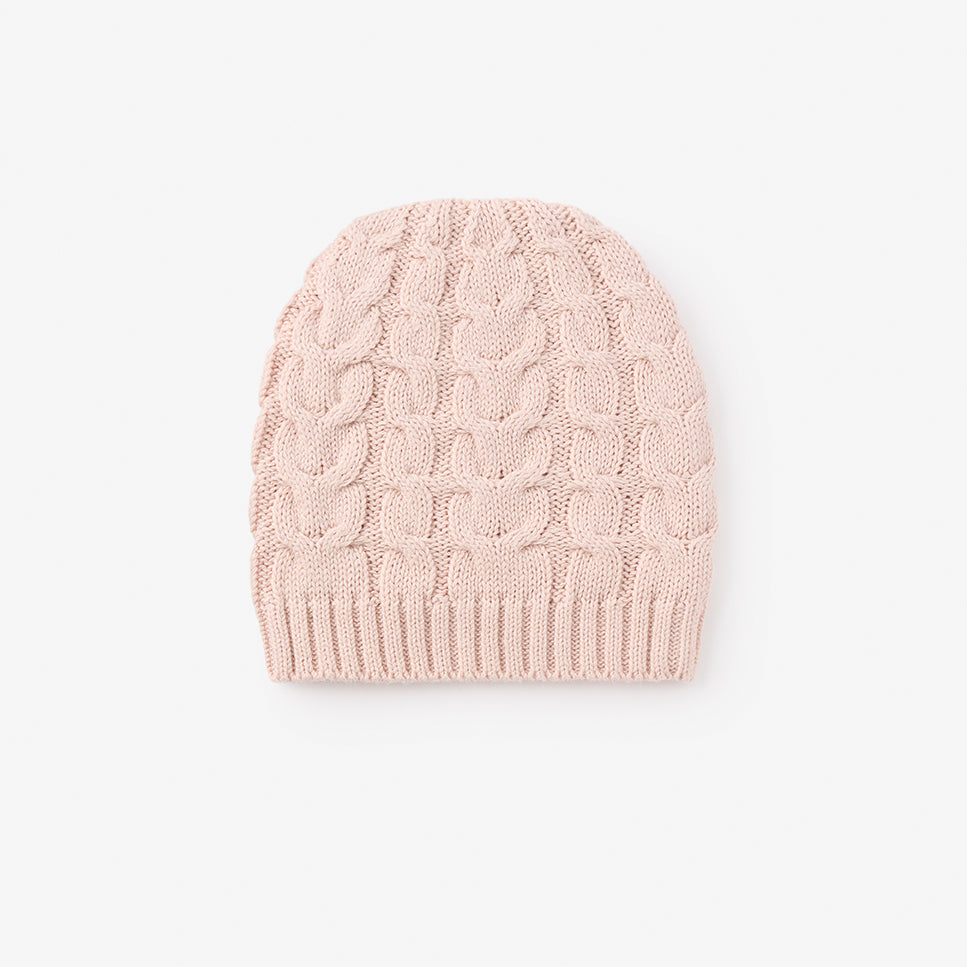 Soft Pale Pink Horseshoe Cable Knit Baby Hat for Newborns & Infants - Perfect for Winter, Photography & Special Occasions