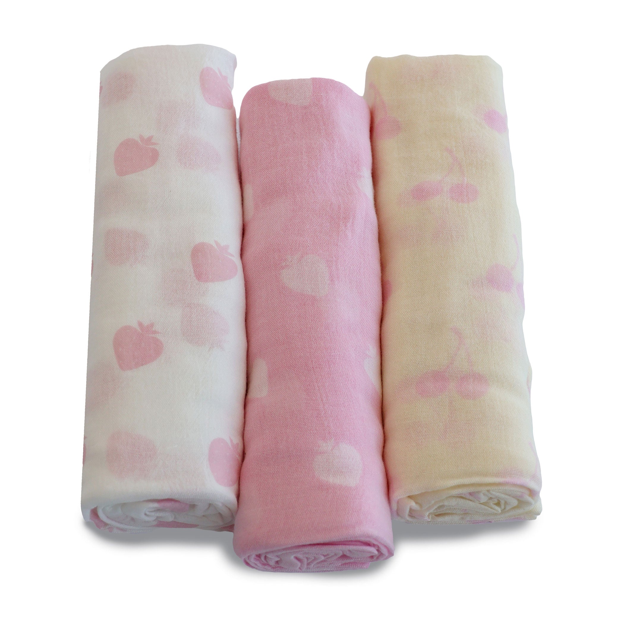 Nordic Sorbet 3-Pack Muslin Baby Swaddle Wraps - Soft Strawberry & Cherry Print - Breathable Cotton for Newborns & Infants - Perfect for Swaddling, Nursing Cover & Stroller Blanket