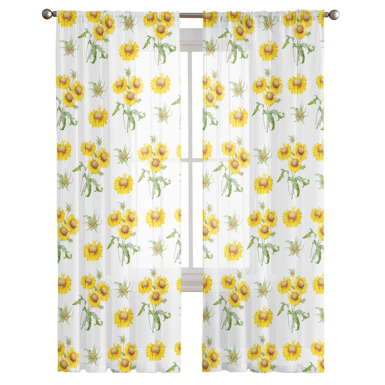 Sunflower Sheer Curtains 63 Inch Length - 2 Panel Set with Rod Pocket | Yellow Floral Voile Window Drapes for Kitchen, Bedroom & Living Room | Farmhouse Decor, Spring & Summer Home Styling