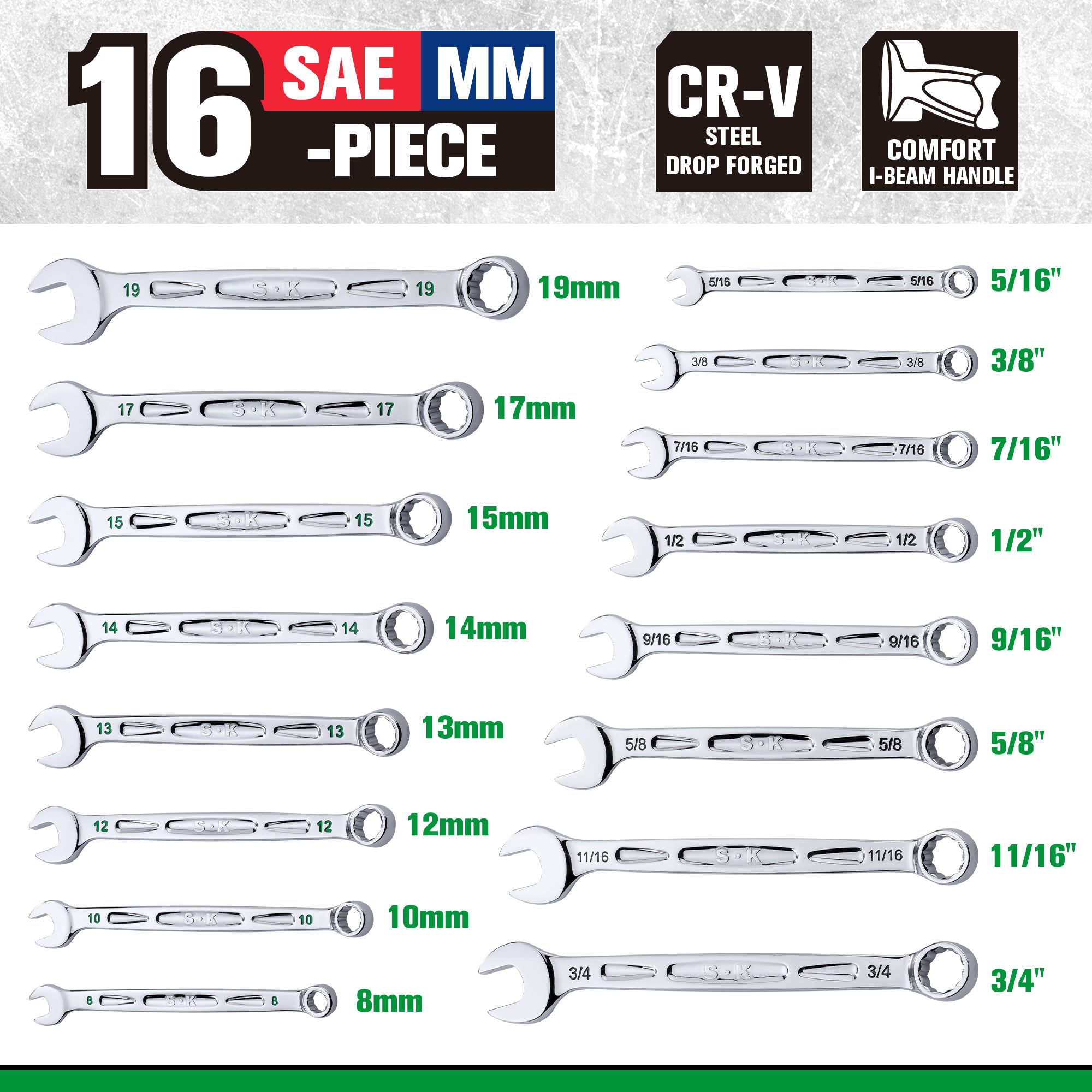 16-Piece SAE & Metric Chrome Combination Wrench Set - 12-Point Professional Tool Kit for Automotive Repair, Machinery Maintenance & DIY Projects