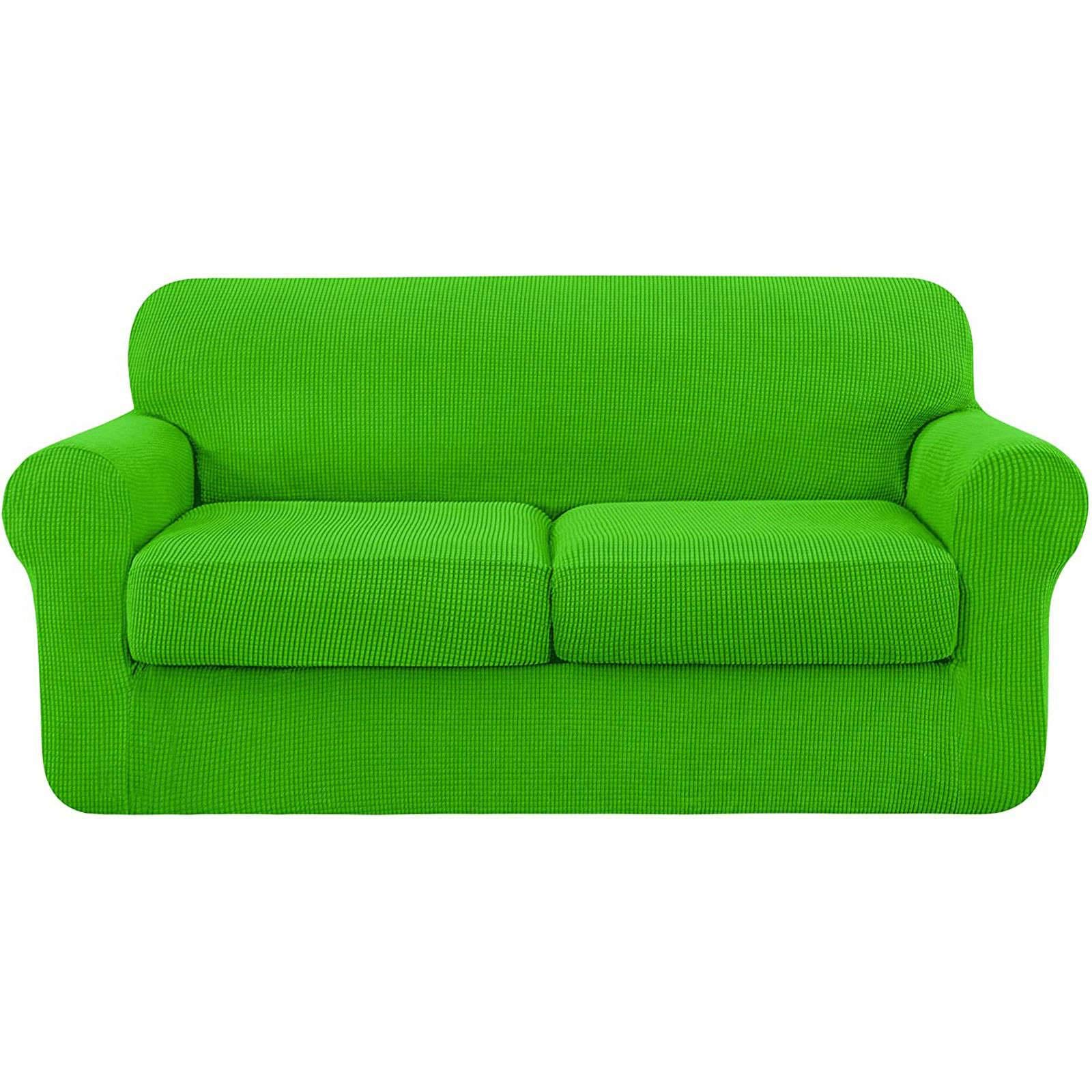 Stretchable Jacquard Sofa Slipcover - HUNOL High Elasticity Spandex Couch Cover with Separate Cushion Covers | Washable Furniture Protector for Pets & Kids | Grass Green | Medium Size | Perfect for Living Room, Family Room & Pet-Friendly Homes