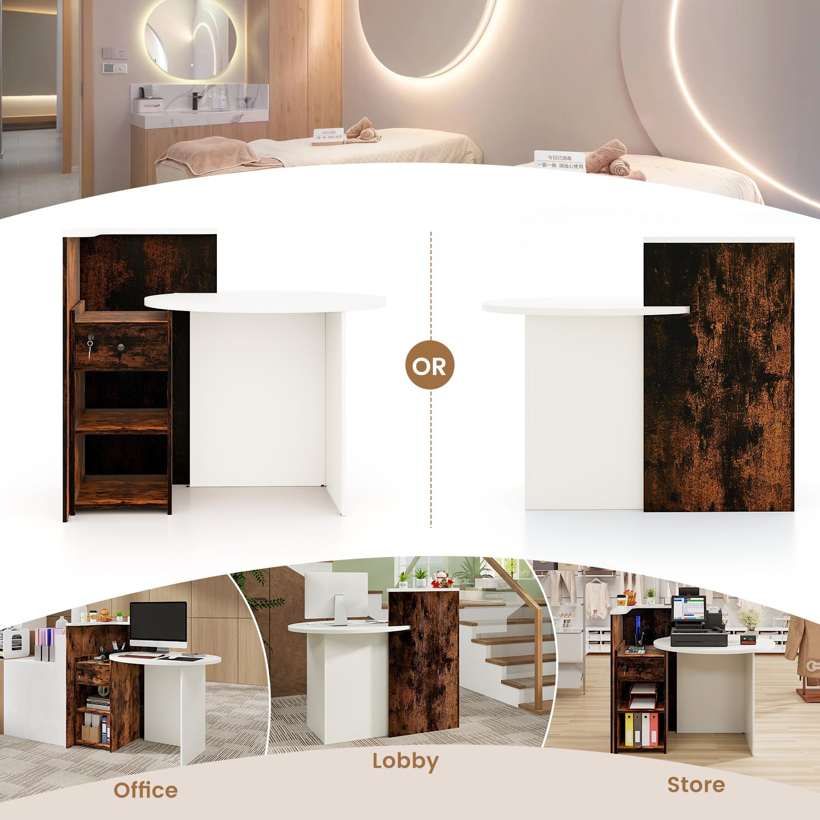 Wooden Reception Desk with Lockable Drawer & Open Shelves - Small Retail Checkout Counter for Store, Office, Lobby or Salon - Oval Desktop & L-Shaped Design in White & Brown - Perfect for Customer Service Areas, Waiting Rooms & Business Front Desks