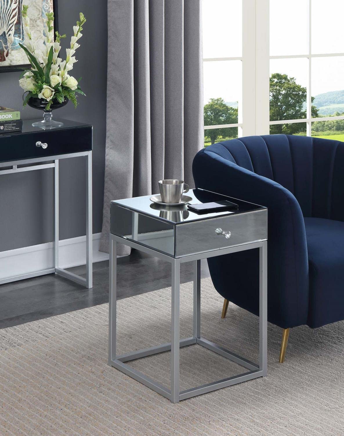Convenience Concepts Reflections End Table - Modern Mirror Finish Silver Accent Side Table for Living Room, Bedroom & Office Decor
