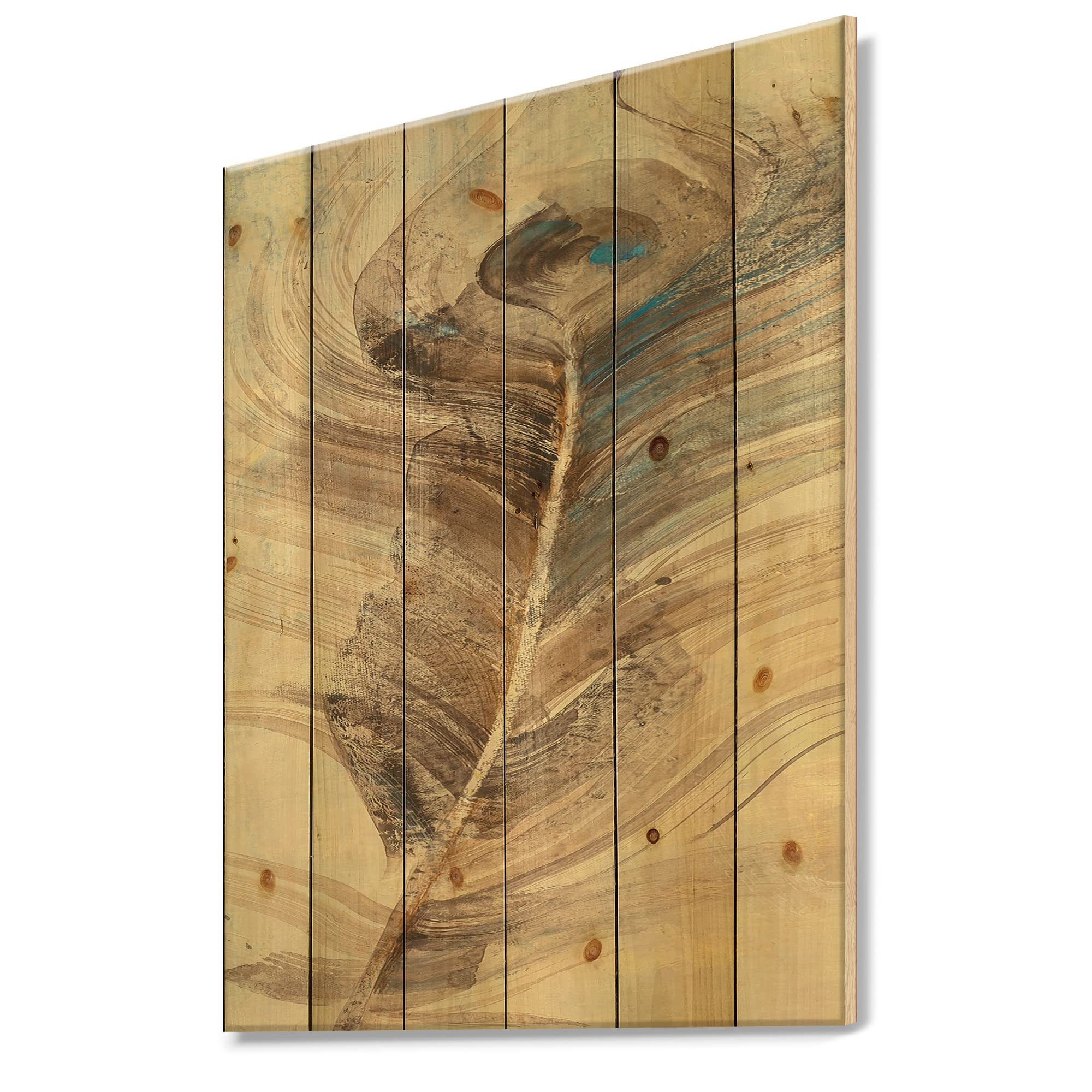 DesignQ Feather Natural Elements Traditional Wood Wall Decor - Blue Wood Wall Art with Large Animal Prints on Natural Pine Wood - Perfect for Living Room, Bedroom & Office Decor