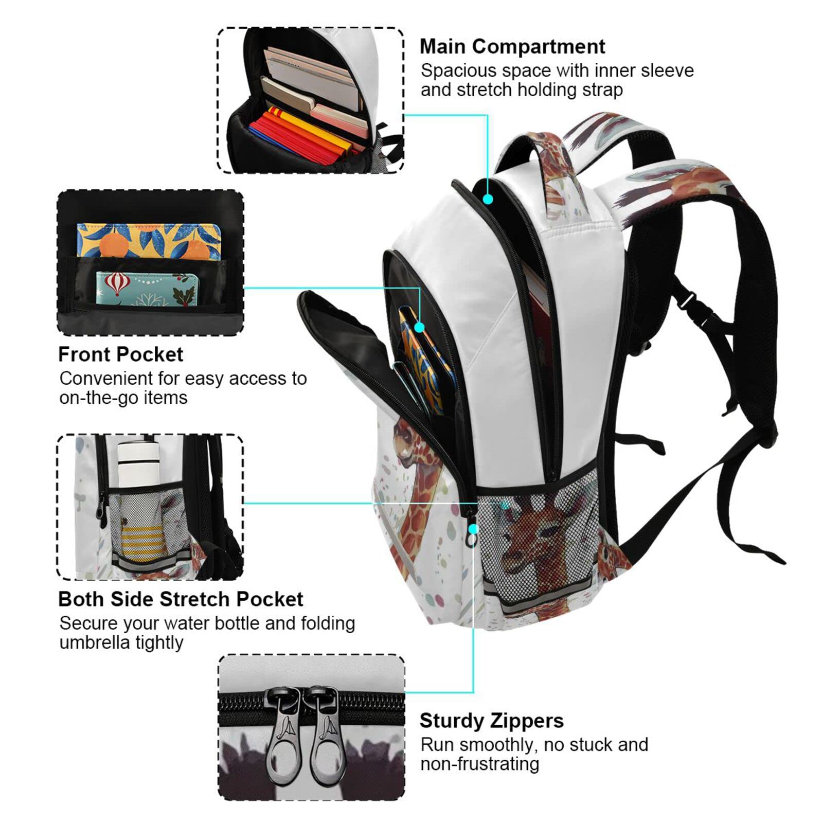 Kcldeci Watercolor Giraffe Kids Backpack for Boys & Girls - Lightweight Elementary School Bag, Kindergarten Bookbag, Preschool Backpack, Toddler Travel Bag - Perfect for School, Daycare, and Family Trips