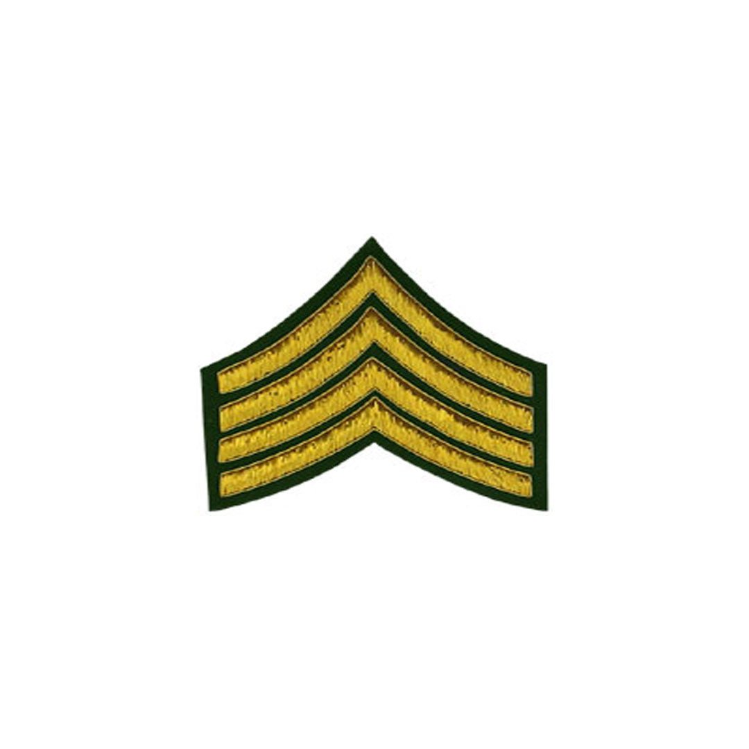 4 Stripe Chevrons Badge Gold Bullion on Green - Military Insignia Patch for Uniforms, Jackets & Caps - Perfect for Army, Navy & Police Costumes