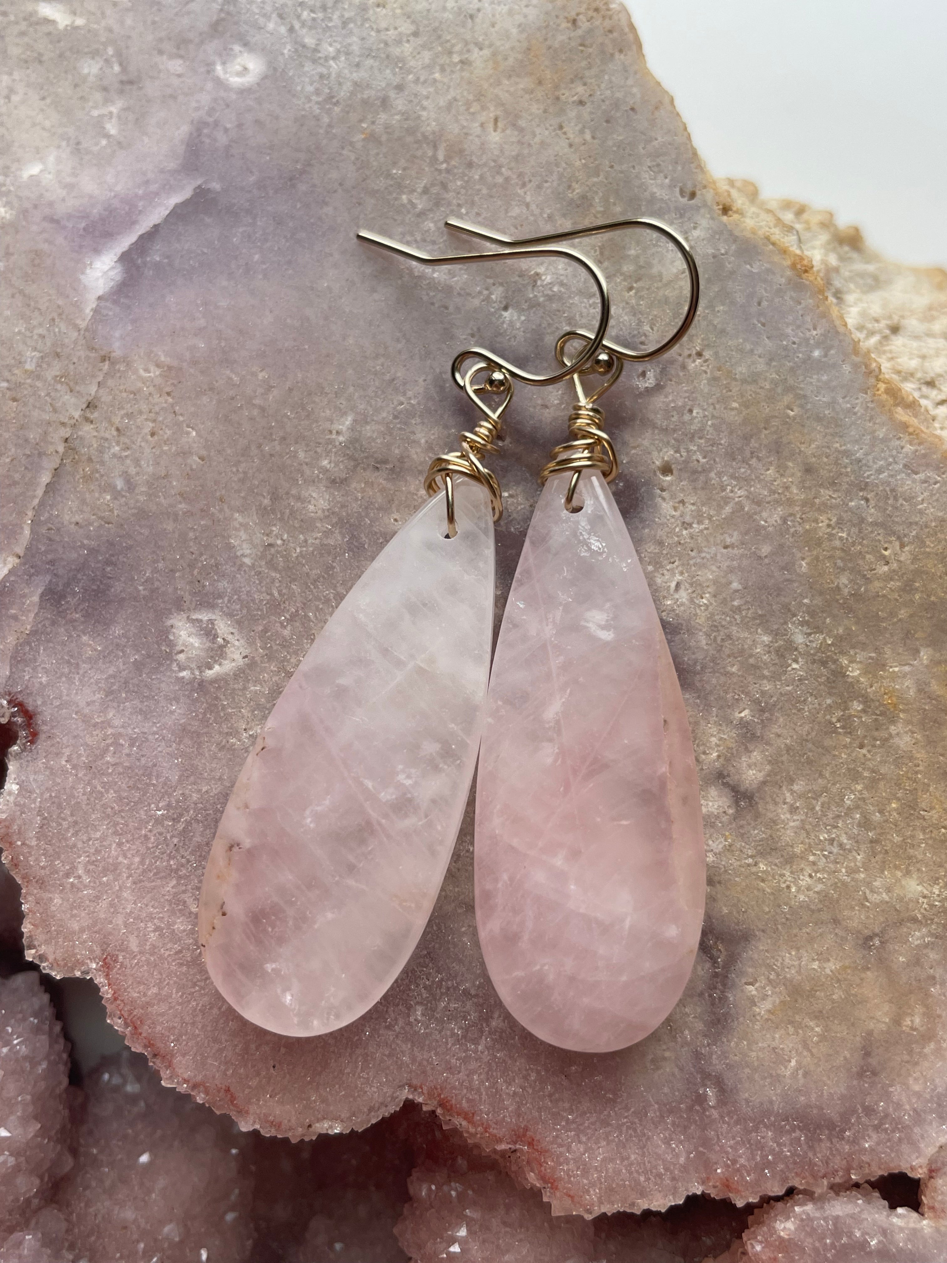 Rose Quartz Dangle Earrings - 14K Gold Filled Hoop Earrings for Women | Elegant Boho Jewelry for Everyday Wear & Special Occasions