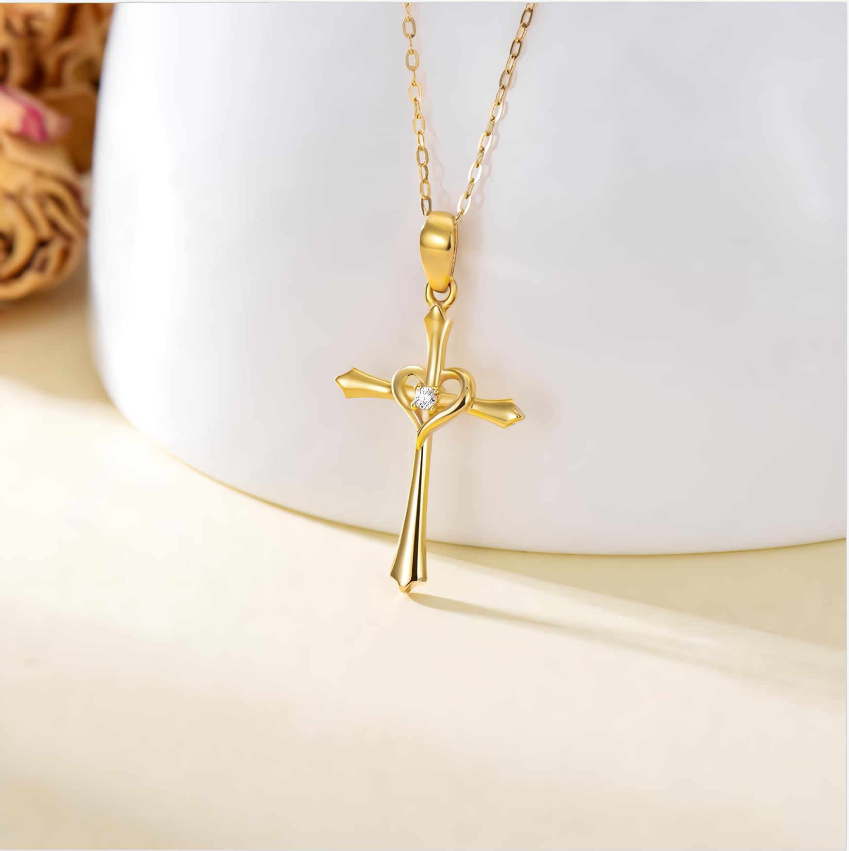 YDD 14K Solid Gold Cross Necklace for Women - Elegant Gold Chain with Dainty Cross Pendant, Heart Necklace Gift for Her, Mom, Wife (16