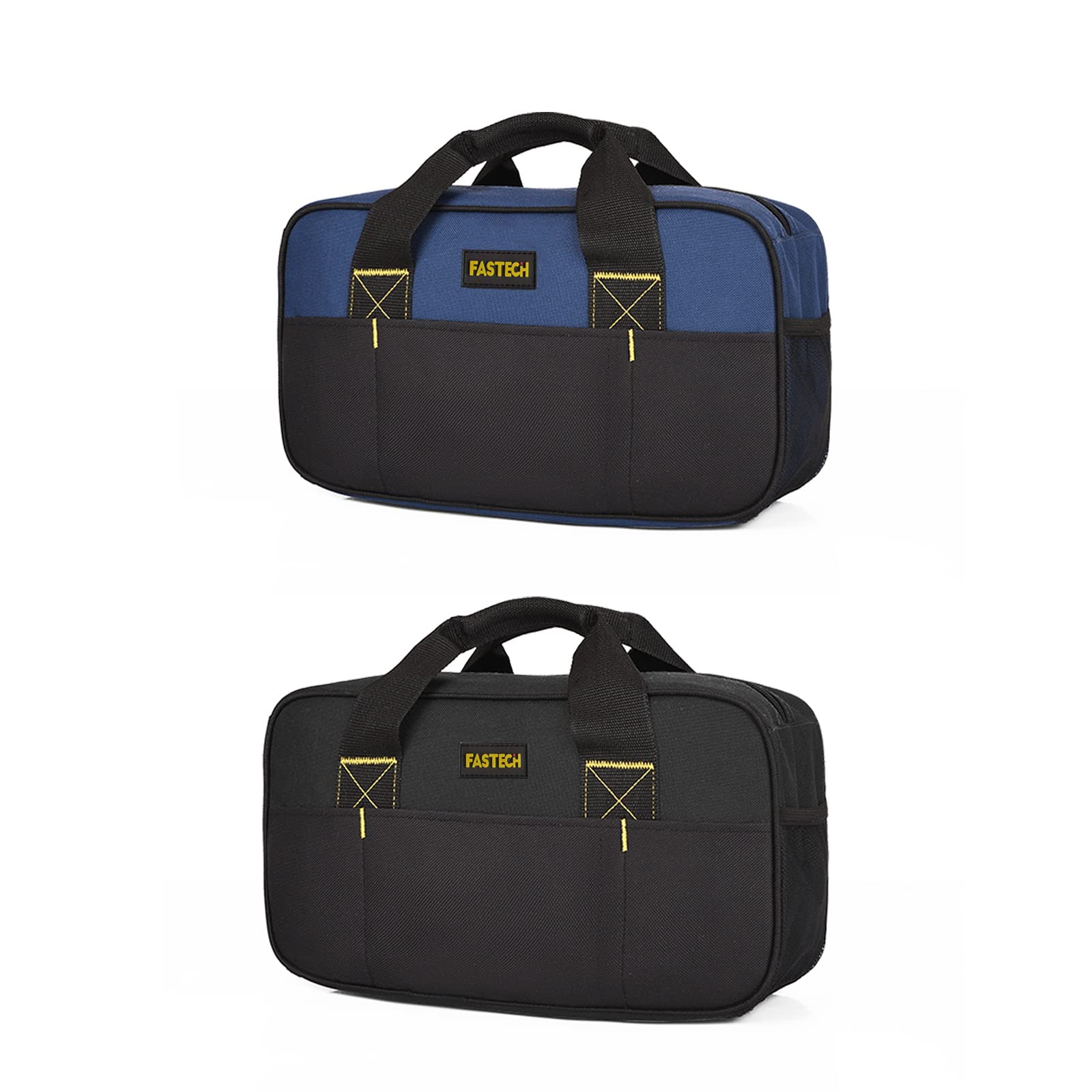14 Inch Small Tool Bag - Waterproof Wide Mouth Electrician's Tote with Double Fabric Storage (Black+Blue) | Perfect for Electricians, Repairmen & DIY Home Improvement Projects