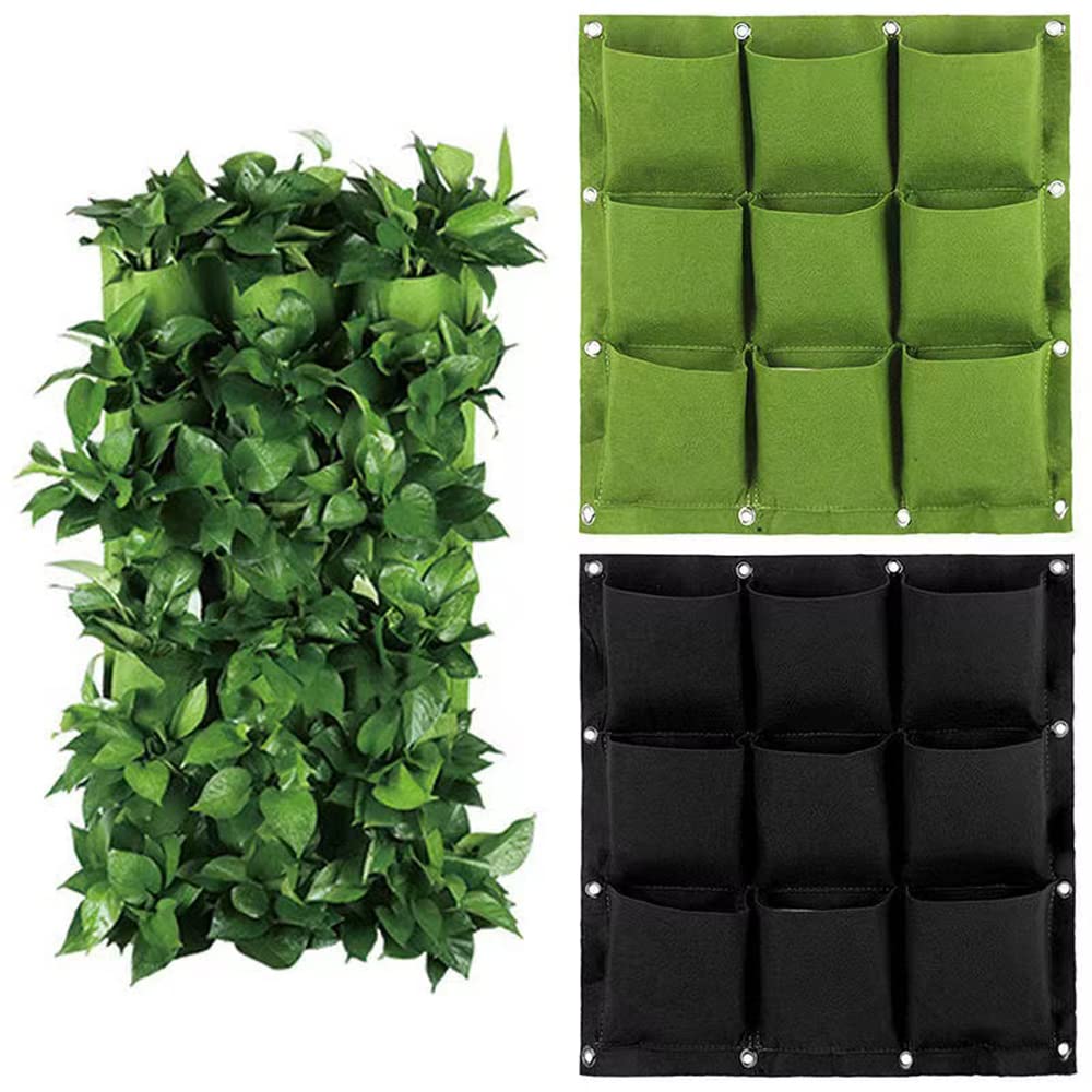 **9-Pocket Vertical Wall Garden Planter Bags - Waterproof & Breathable Felt Cloth for Hanging Plants - Green (Ideal for Indoor/Outdoor Herb Gardens, Balconies & Small Spaces)**
