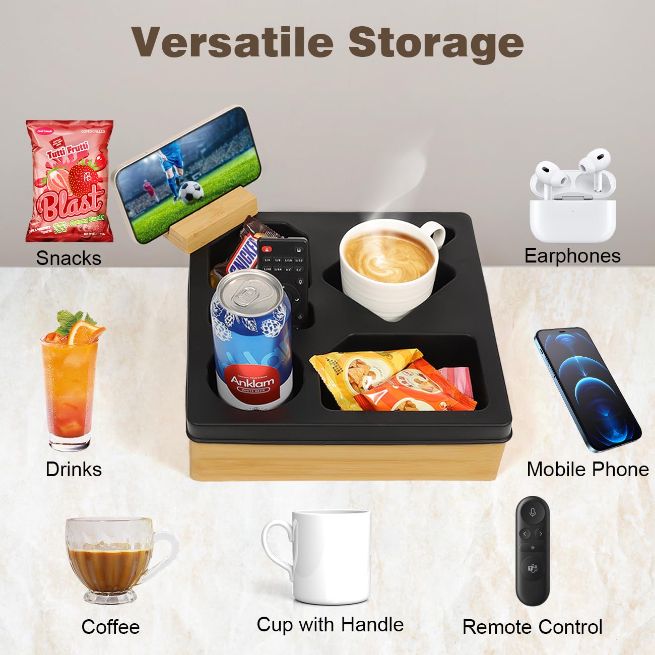 Rotatable Couch Cup Holder Tray with Phone Stand - Waterproof Sofa Caddy Organizer for Drinks, Snacks & Remote Control - Anti-Spill Bedside & Living Room Accessory (Black) | Perfect for Movie Nights, Gaming & Relaxing on Sofa or Bed