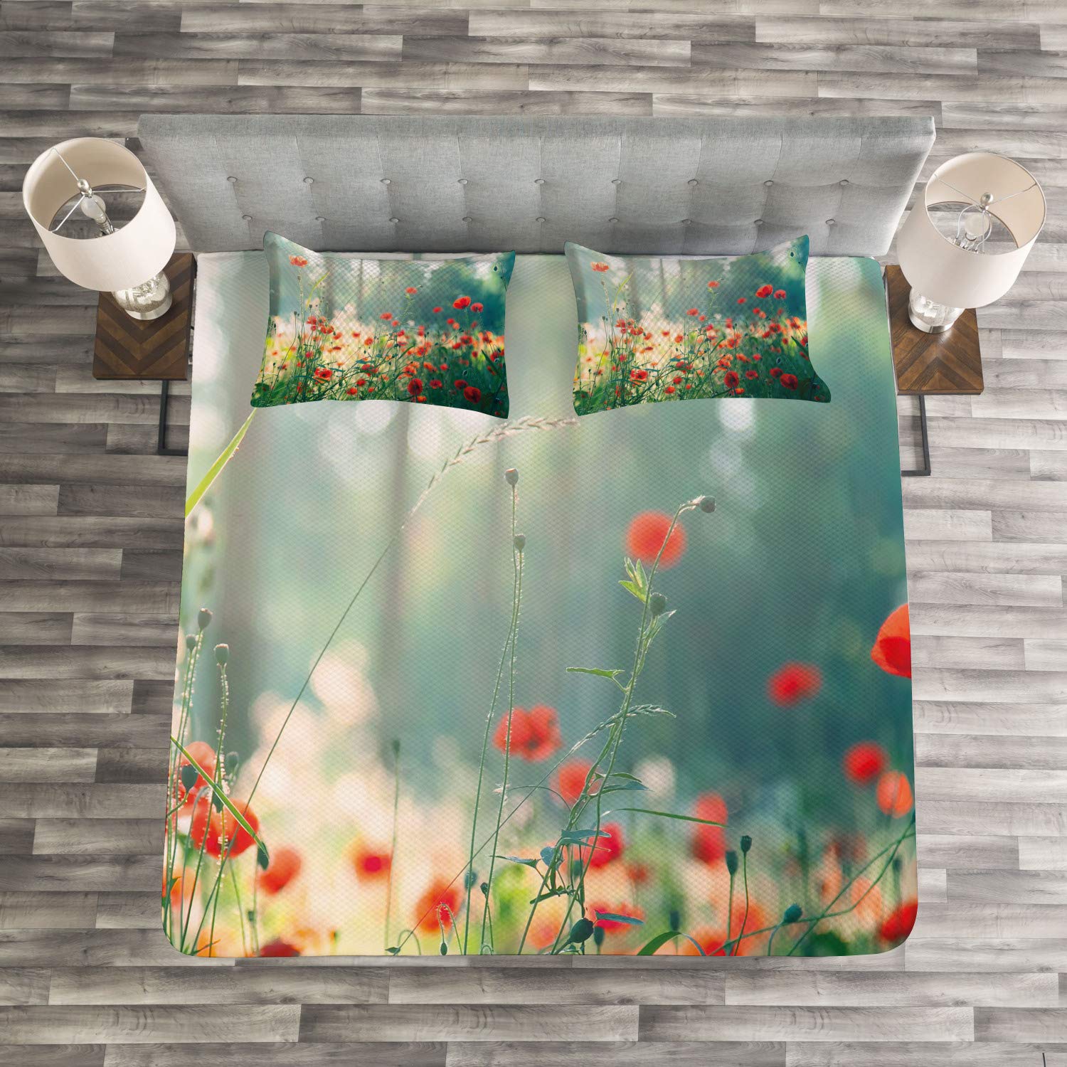 Ambesonne 3-Piece King Size Bedspread Set with Wild Red Poppy Flowers Design - Decorative Coverlet & 2 Pillow Shams in Red, Green & Yellow - Perfect for Summer Bedroom Decor & Gardening Theme Home Styling