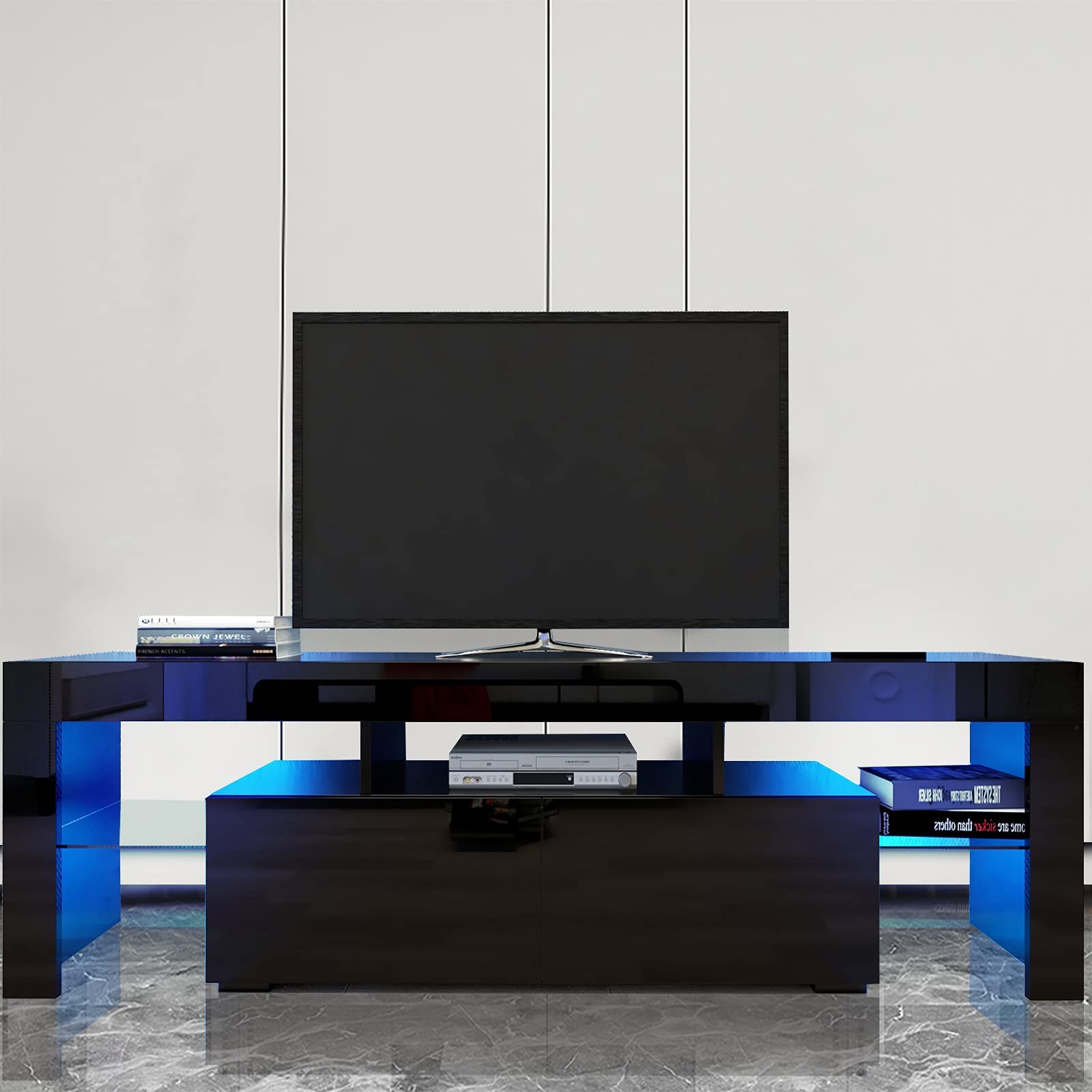 63 Inch High Glossy Modern TV Stand with LED Lights - 16 Color Changing TV Cabinet with 2 Storage Drawers - Entertainment Center for 70 Inch TVs - Black Living Room Furniture for Home Theater & Gaming Setup