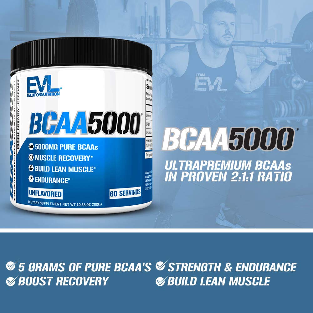 EVLUTION EVL BCAA Amino Acid Powder - 5g Branched Chain Amino Acid Supplement for Men & Women - Post Workout Recovery Drink & Stimulant-Free Pre Workout Energy Powder - Unflavored - Ideal for Muscle Recovery, Gym Performance & Fitness Goals
