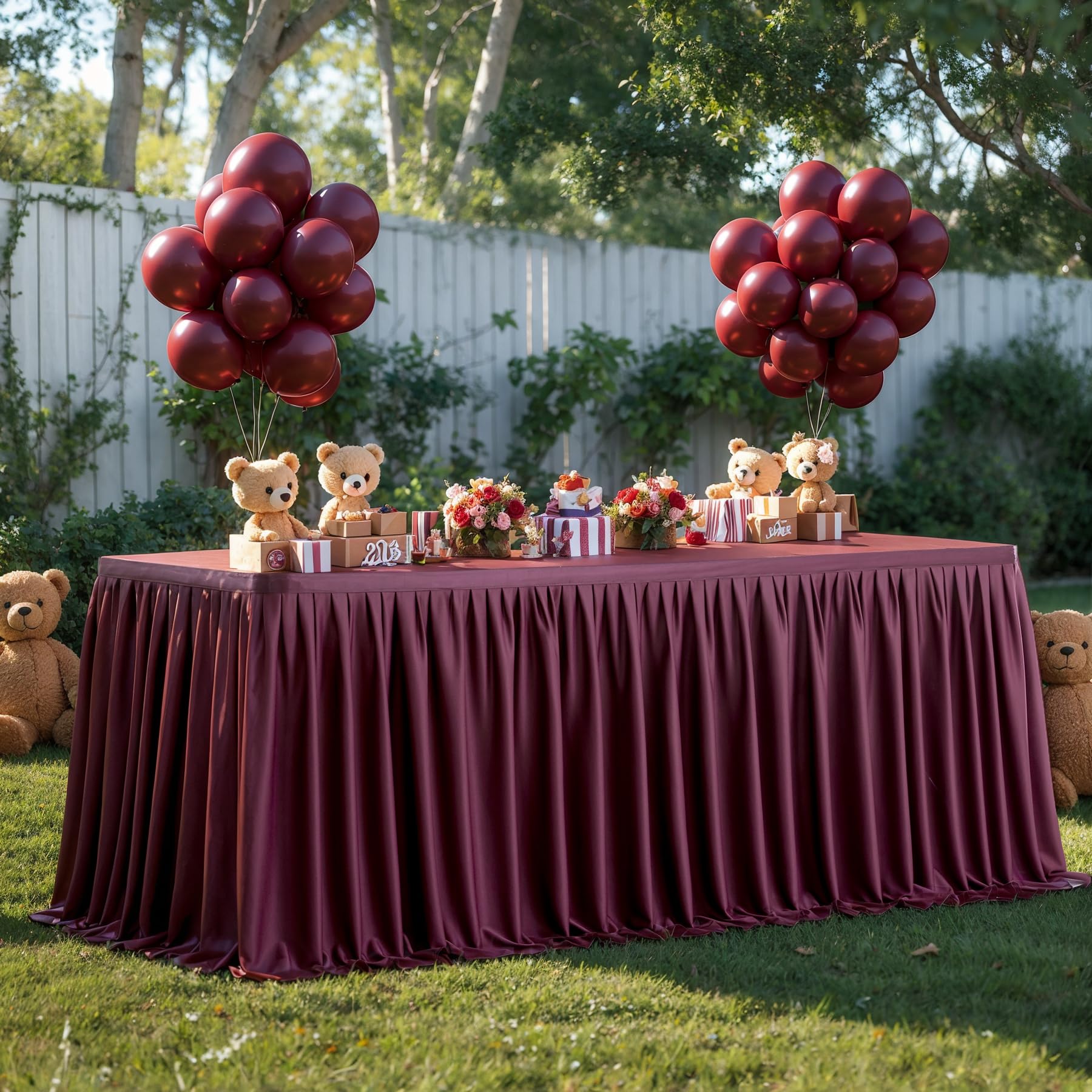 Burgundy Polyester Table Skirt 9ft - Wrinkle Resistant for Banquet & Wedding Decor
