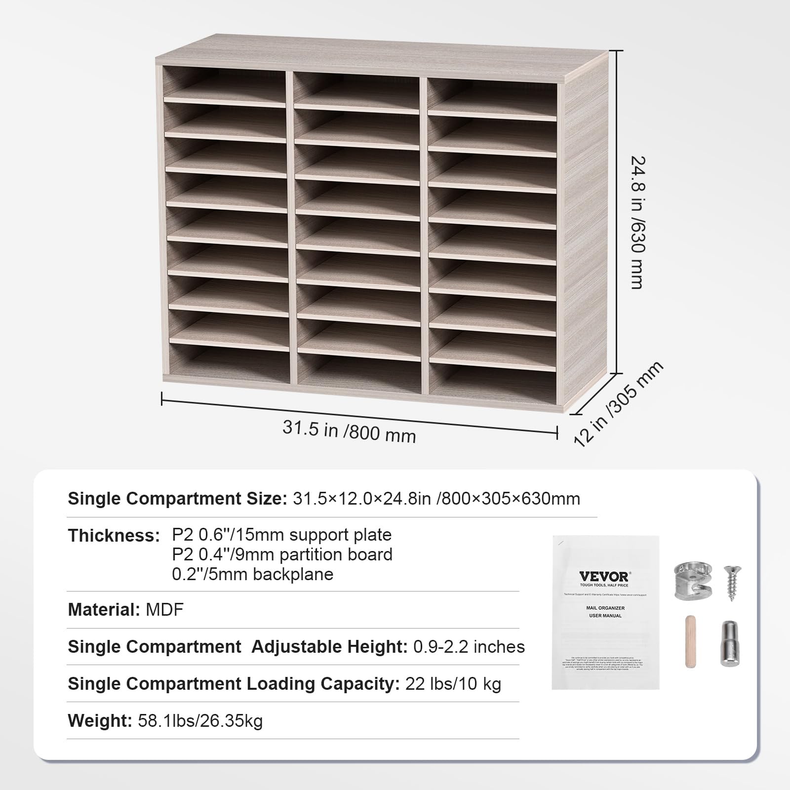 VEVOR 27 Compartment Wooden Literature Organizer with Adjustable Shelves | MDF Mail Center for Office, Home & School | File, Document, Paper & Magazine Storage in Grey | Perfect for Home Office Organization & Classroom Supplies