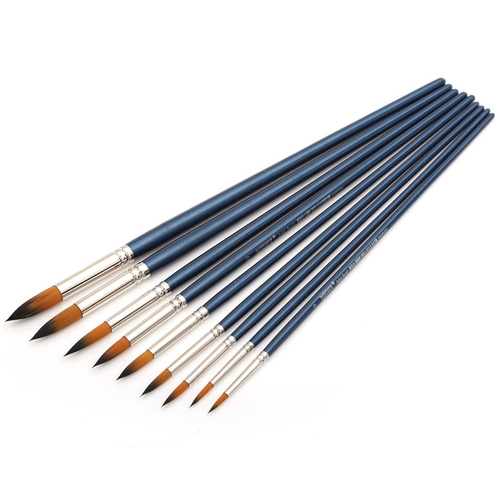 9-Piece Round Pointed Tip Synthetic Paint Brush Set for Acrylic, Watercolor & Oil Painting - Long Handle Art Brushes for Professional & Beginner Artists - Perfect for Canvas, Paper & Wood Painting Projects