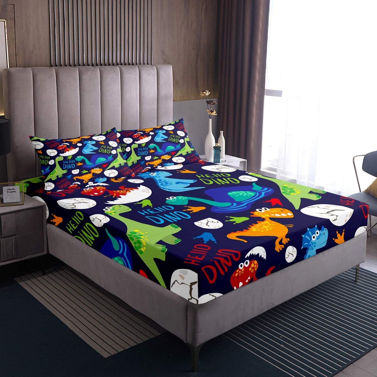 **Hippie Cartoon Dinosaur Queen Size Bedding Set - Soft Microfiber 3-Piece Reversible Comforter Cover, Fitted Sheet & Pillowcase - Christmas, Teens, Kids Room Decor (Hello Christmas Theme)**    *(Perfect for Cozy Winter Nights, Kids' Bedrooms, Themed Holiday Decor & Gift Ideas)*