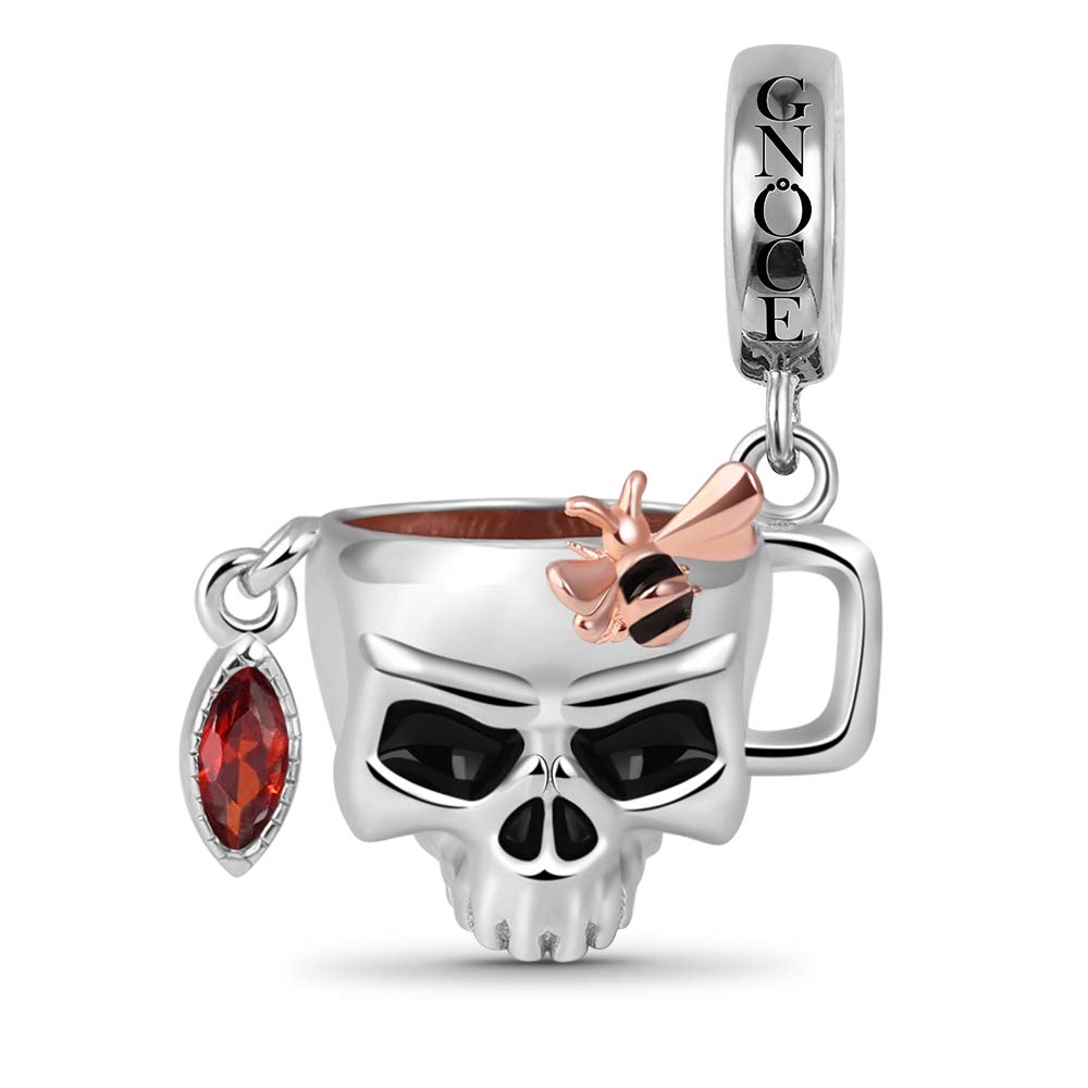 GNOCE Honey Cup Charm Pendant - Sterling Silver Skull Charm with CZ Stones - Fits All Bracelets & Necklaces - Women's Jewelry Gift for Halloween, Gothic Fashion & Everyday Wear