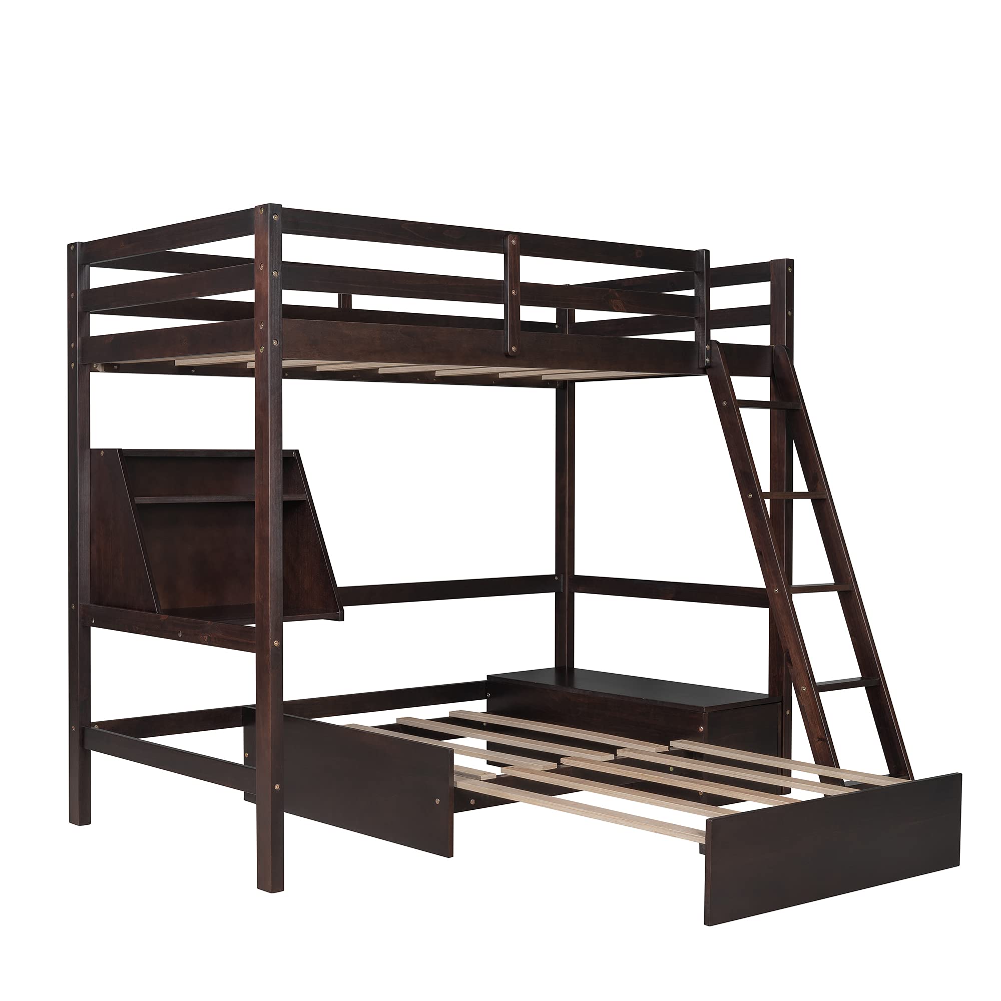 **Convertible Wood Loft Bed Twin Size with Storage Drawer, Shelf & Ladder – No Box Spring Needed – Espresso Finish – Perfect for Kids' Rooms, Dorms & Small Spaces**