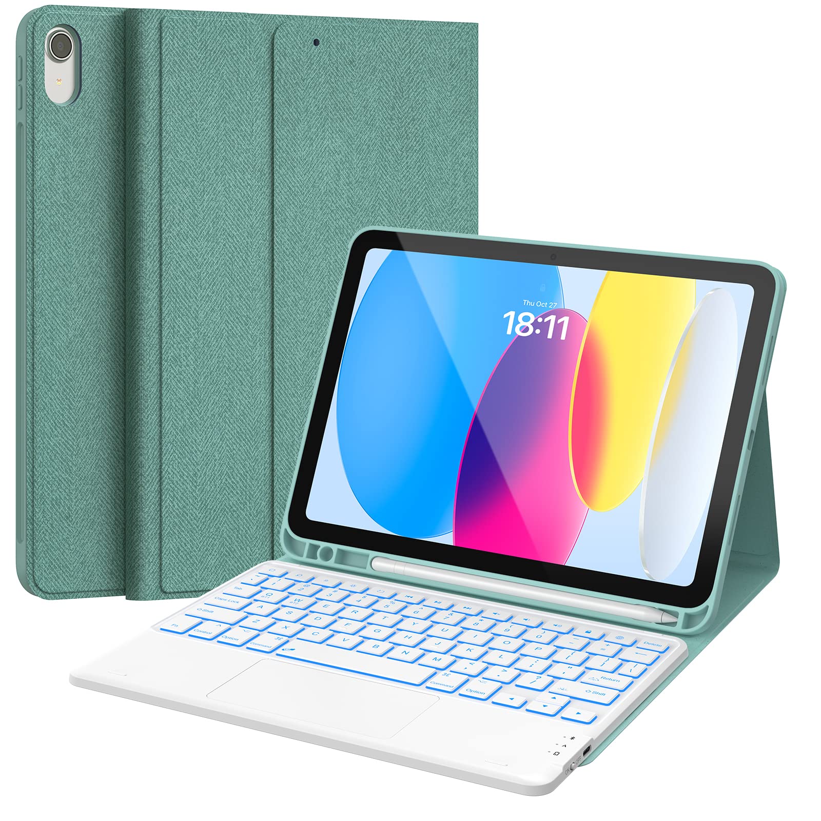 CHESONA Bluetooth Keyboard Case for iPad 10th Generation (10.9 inch, 2022 Model) - Backlit Touchpad, Multi-Touch Trackpad, Flip Stand with Apple Pencil Holder, 2 Bluetooth Connections - Green | Perfect for Work, Study & Travel