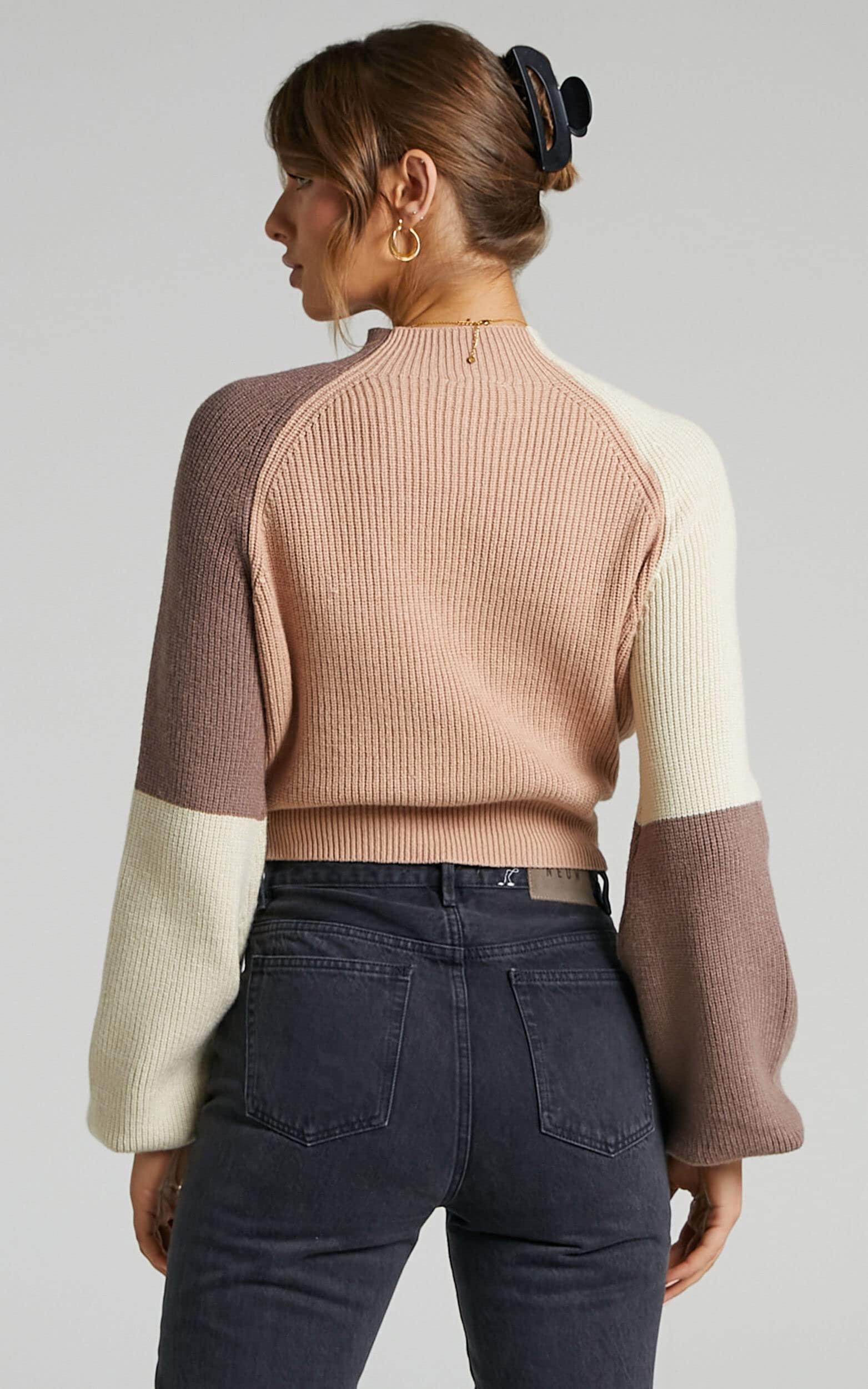ZAFUL Women's Mock Neck Color Block Knit Sweater - Cropped Pullover Jumper with Lantern Sleeves | Casual Winter Tops for Work, Dating & Holiday Outfits