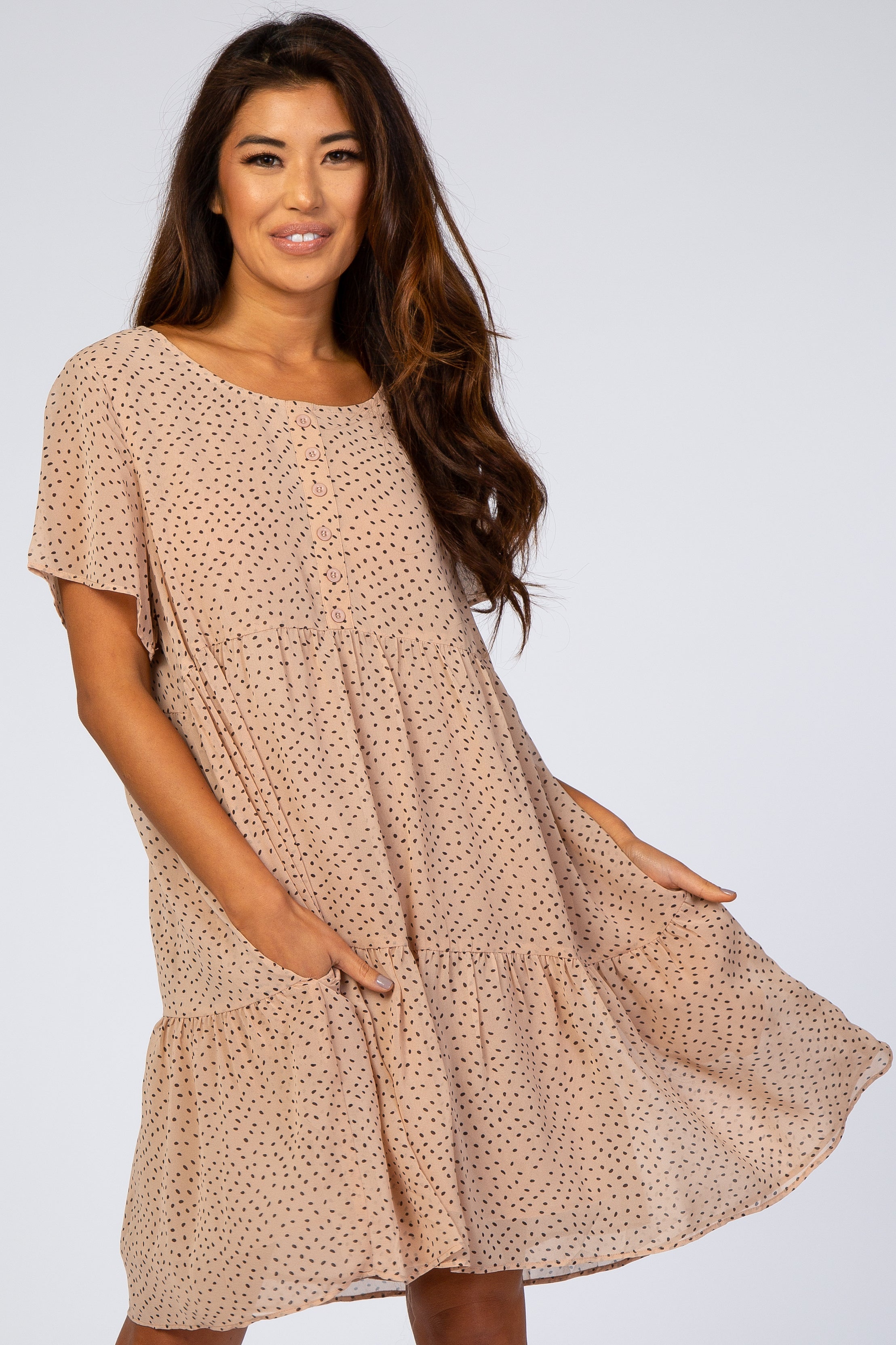 Beige Polka Dot Tiered Dress for Women - Flowy Summer Midi Dress with Ruffles - Perfect for Beach, Vacation & Casual Outings