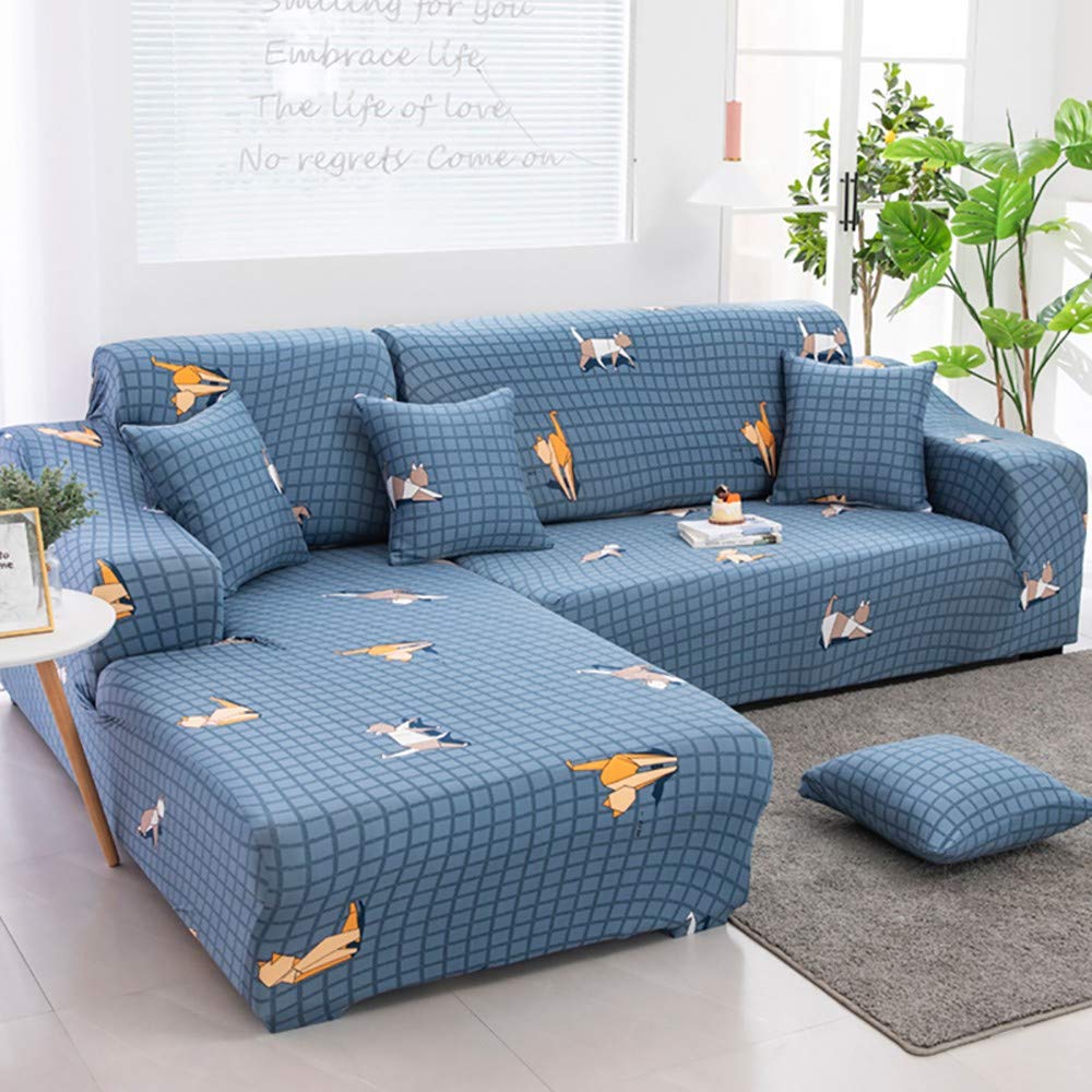 Stretchable L-Shaped Sectional Sofa Cover Set - 2 Piece Elastic Furniture Protector for 1-4 Seater Couches with Pillow Cover | Spandex Knitted Fabric, Anti-Slip, Washable & Durable | Perfect for Living Room, Family Room & Home Theater Furniture Protection