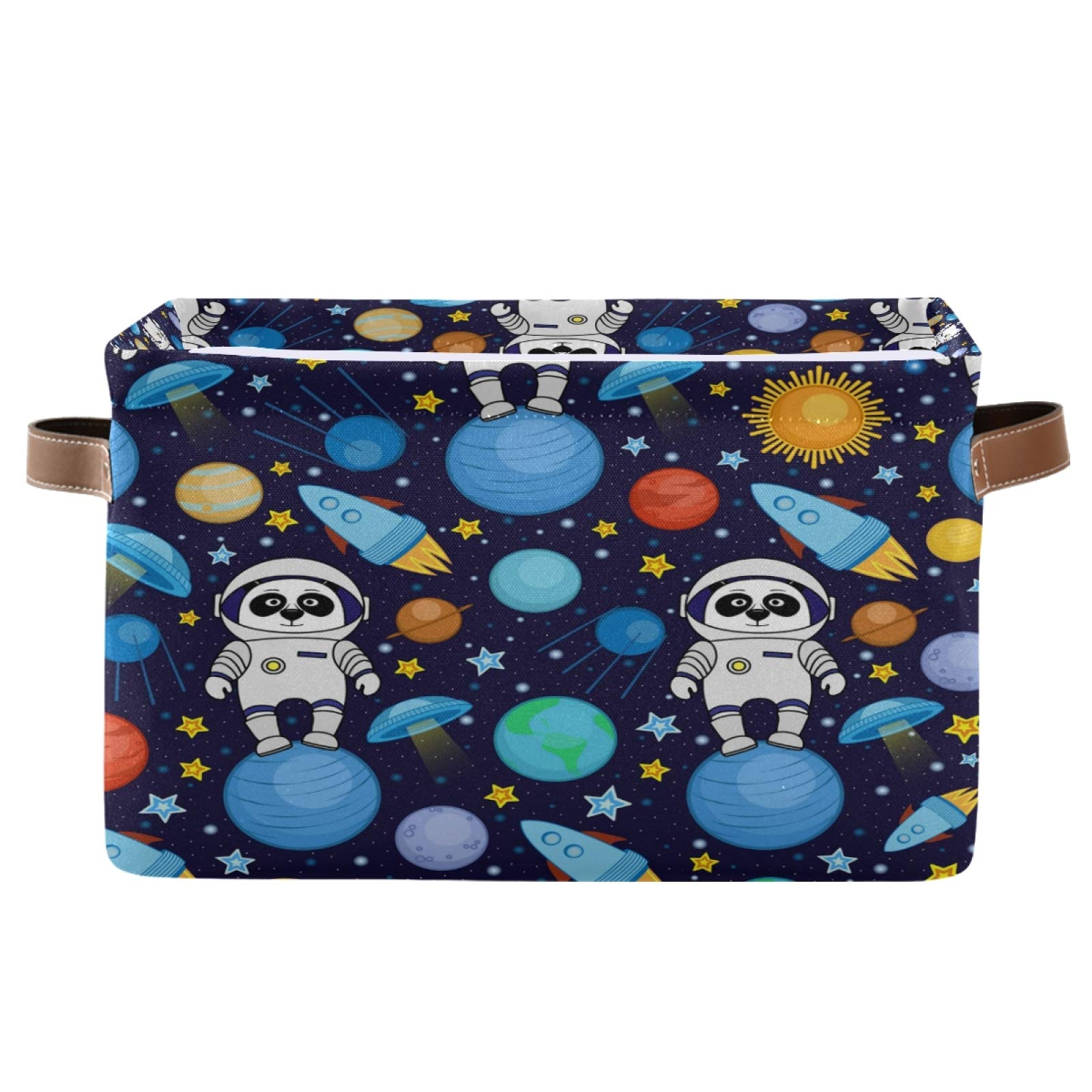 AUUXVA Collapsible Canvas Storage Basket with Panda Astronaut & Space Design - Durable Toy Organizer Bin with Handles for Bedroom, Closet, Office & Kids Room | Space-Themed Storage Solution for Toys, Books & Home Organization