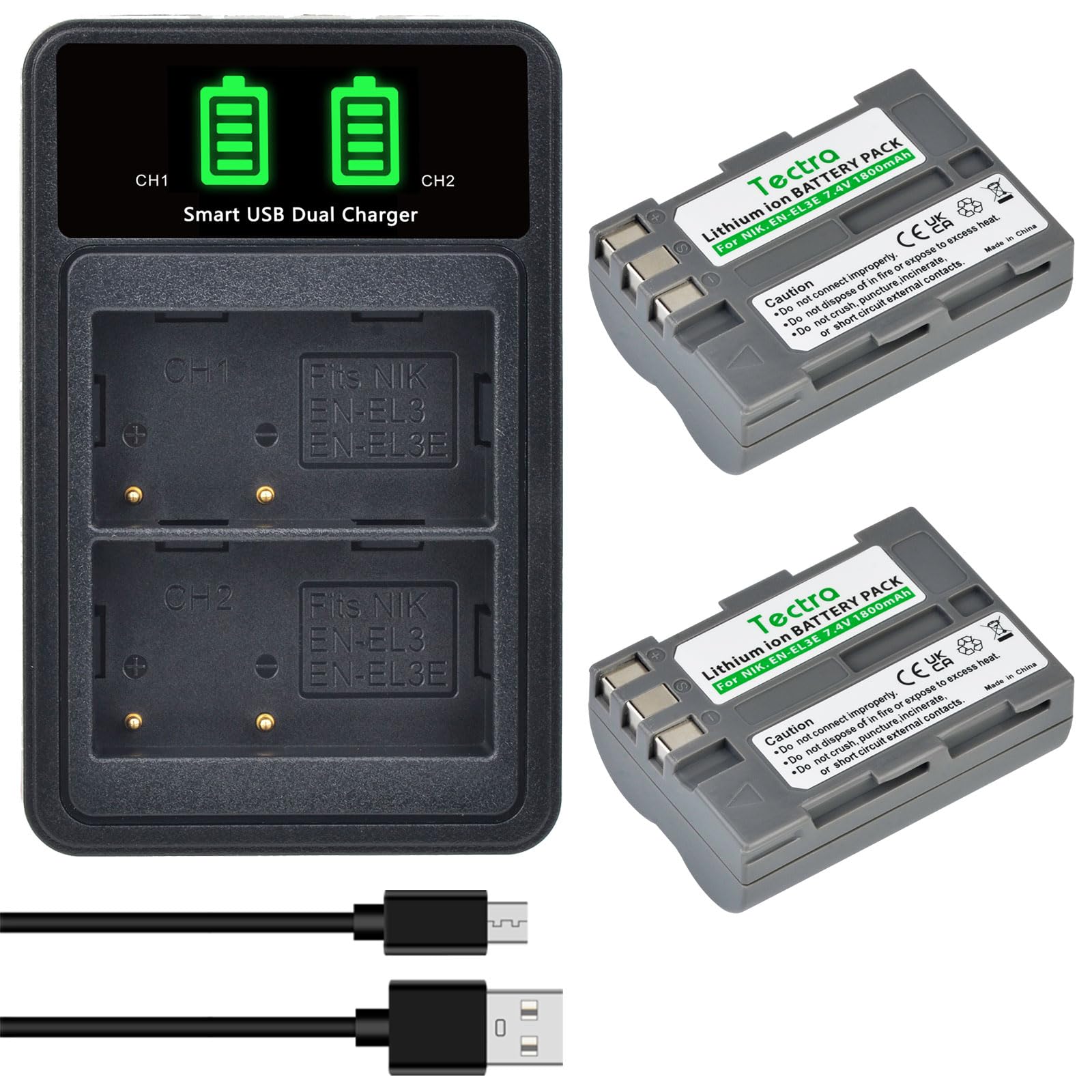 Tectra 2X EN-EL3e ENEL3e Replacement Battery & LED Dual Charger Kit for Nikon D50 D70 D70s D80 D90 D100 D200 D300 D300S D700 DSLR Cameras - Perfect for Travel Photography & Professional Shooting