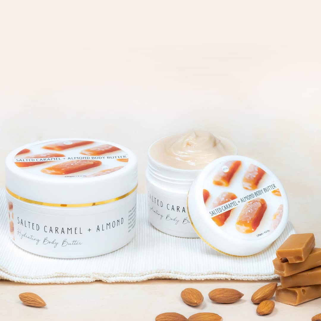 Evia Salted Caramel & Almond Body Butter 120g - Nourishing Almond Oil & Shea Butter Moisturizer for Dry Skin | Perfect for Winter Care & Daily Hydration