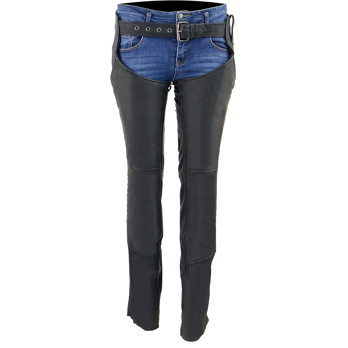 Milwaukee Women's Black Lightweight Goat Skin Motorcycle Chaps with Crinkled Stripes & Reflective Design - MLL6501 | Perfect for Riding, Biker Events & Outdoor Adventures