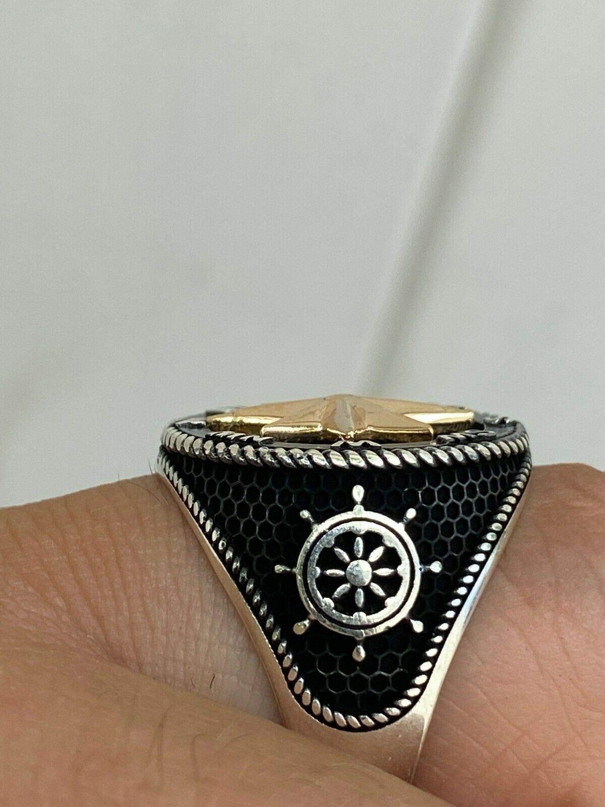 HarlemBling Solid 925 Sterling Silver & 10k Yellow Gold Men's Compass Ring - Nautical Anchor Jewelry for Men - Sizes 7-13 - Perfect for Gifts, Travel & Outdoor Adventures