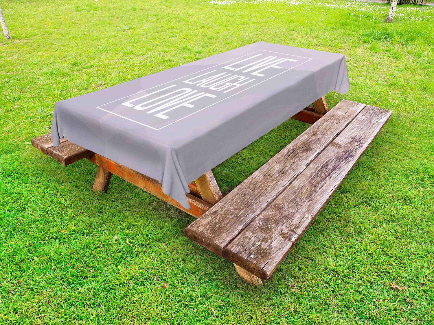 Ambesonne Live Laugh Love Waterproof Outdoor Tablecloth - Geometric Polygonal Pattern with Inspirational Quote - Washable Picnic Blanket 58x84 Inches - Perfect for Backyard BBQs, Beach Parties & Picnics (Pale Grey White)