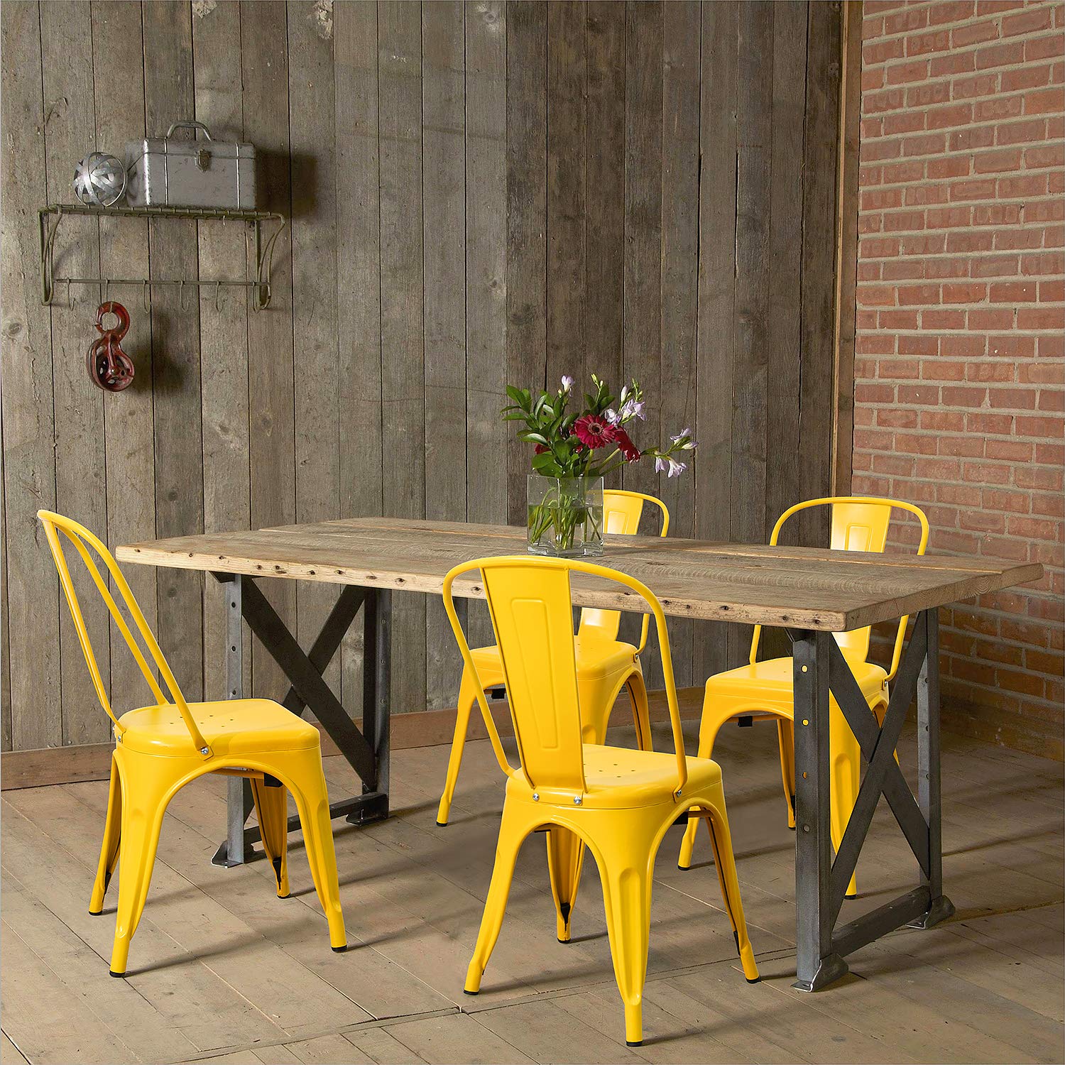 **Distressed Style Metal Indoor-Outdoor Stackable Dining Chairs Set of 4 - Yellow | Kitchen, Patio, Garden & Side Chairs for Home & Restaurant Use**