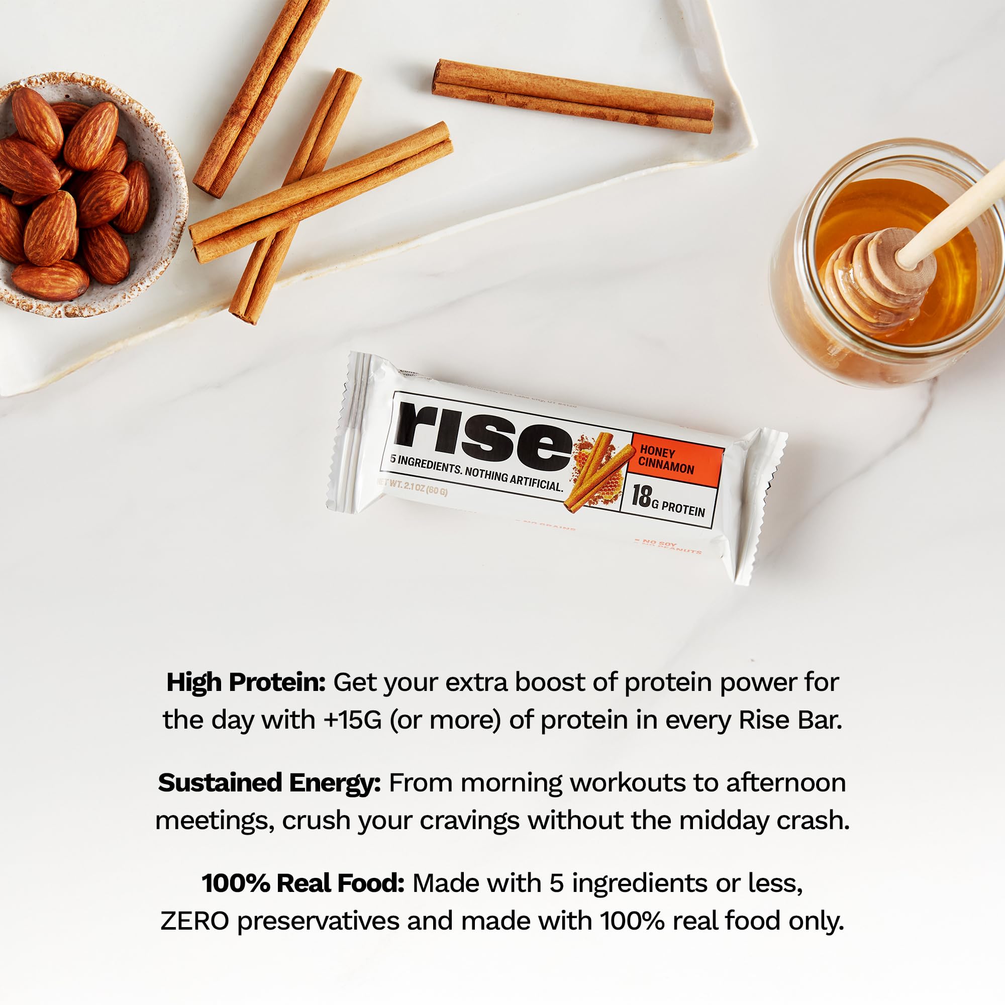 Rise Whey Protein Bars - Honey Cinnamon Flavor | High Protein Snack Bar with 18g Protein & 4g Fiber | 5 Whole Food Ingredients | Gluten-Free, Soy-Free | Perfect for Breakfast, Post-Workout & On-the-Go Energy