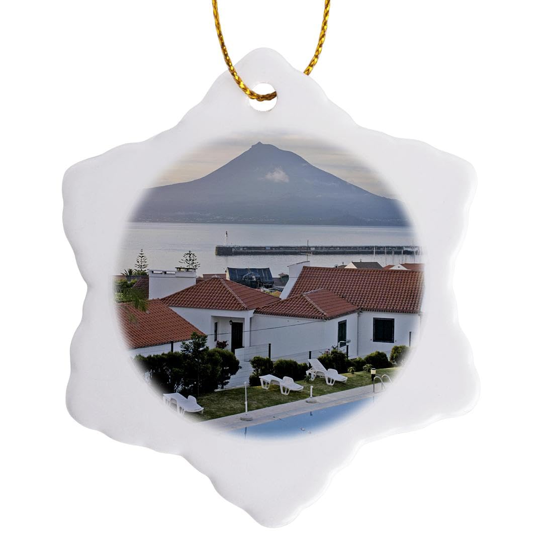 3dRose Traditional White Houses & Architecture in Horta, Faial Island with Pico Volcano Background - Christmas Snowflake Ornament for Tree Decor, Holiday Gift