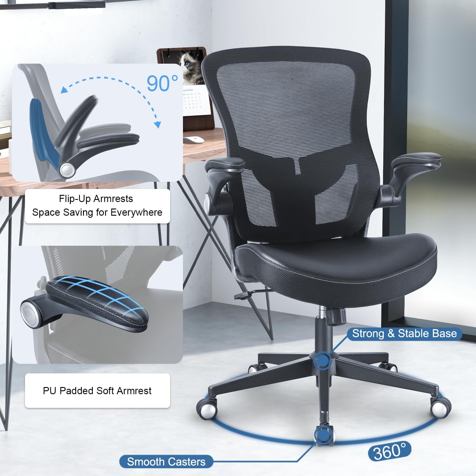 Ergonomic Office Chair with PU Leather Cushion - 350lbs Weight Capacity, Adjustable Seat Height & Lumbar Support, Flip-Up Arms - Perfect for Home Office, Gaming & Workspace Comfort