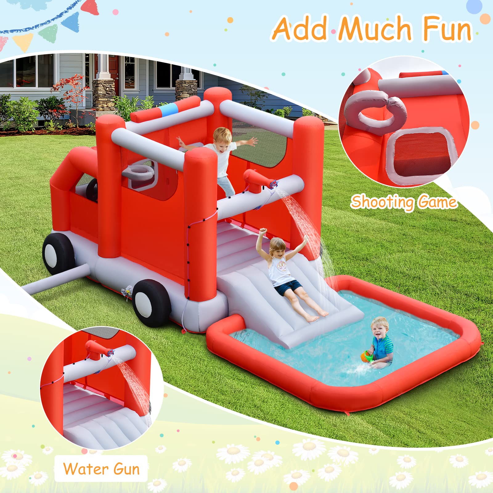 **BOUNTECH Inflatable Water Bounce House - Fire Truck Water Park Bouncy Castle with Slide & Splash Pool, Wet & Dry Combo for Kids Outdoor Play - Perfect for Backyard Birthday Parties, Summer Fun, Boys & Girls Ages 3-12**    *(Use Case: Ideal for backyard parties, summer gatherings, kids' outdoor play, and birthday celebrations!)*