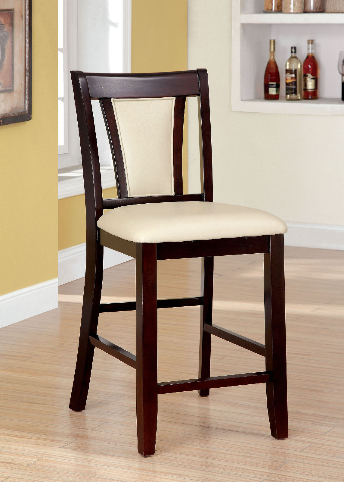 Modern Set of 2 Bar Stools - Dark Cherry & Ivory Solid Wood Counter Height Chairs with Padded Leatherette Seats - Kitchen Island & Dining Room Furniture for Breakfast Nook, Home Bar & Small Space Decor