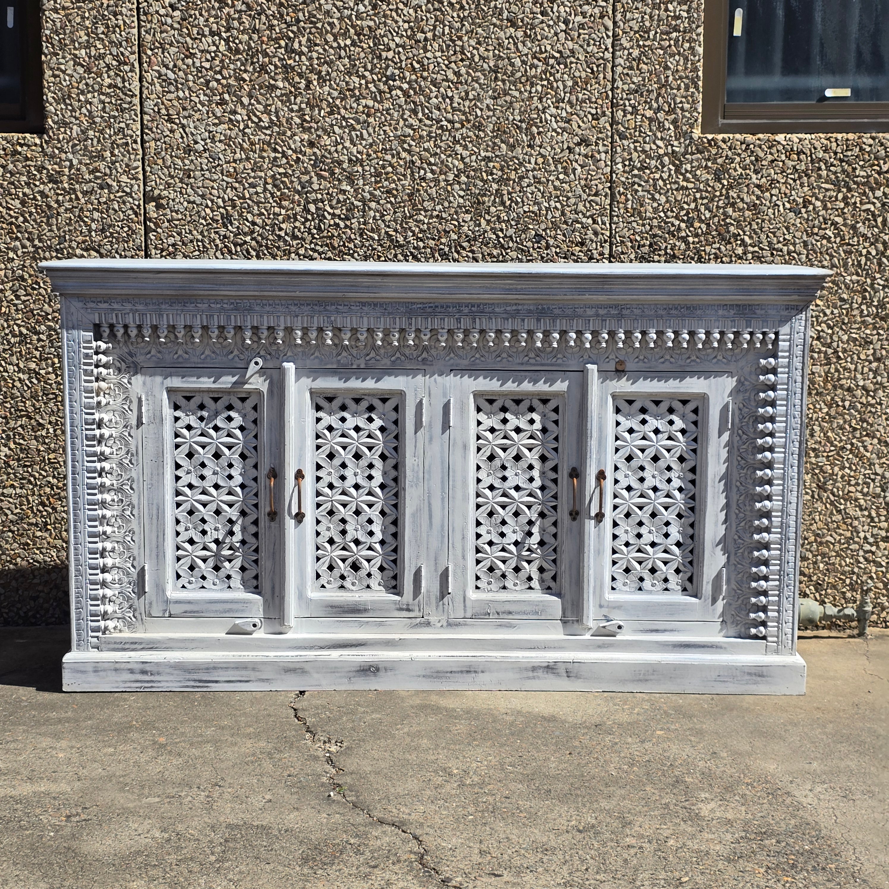 Handmade Carved Indian Furniture - Solid Mango Wood 4-Door Sideboard with Whitewash Finish | Rustic Dining Room Buffet Cabinet for Home Decor