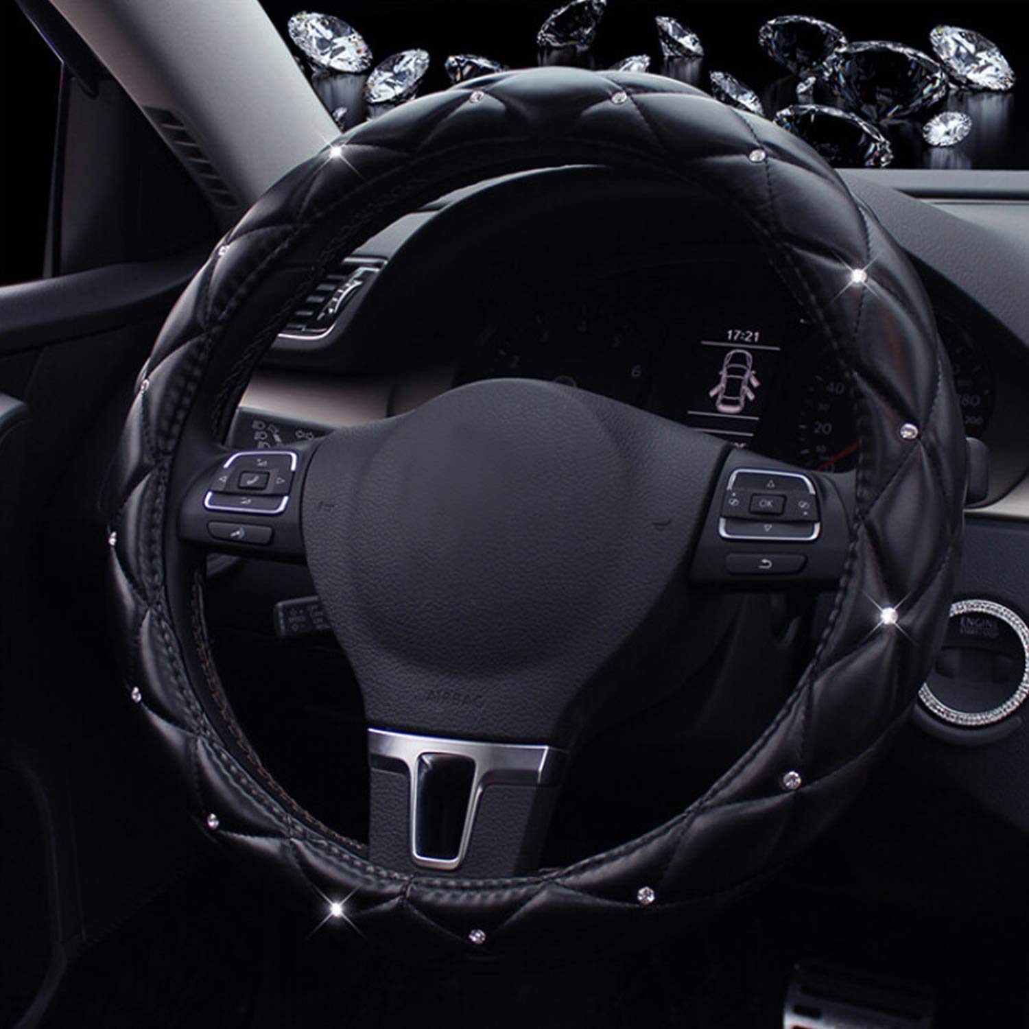 Luxury PU Leather Steering Wheel Cover with Bling Crystal Crown - Universal Fit 15