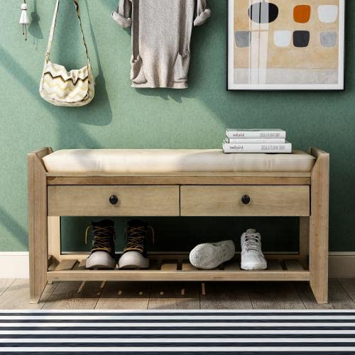 Wooden Shoe Storage Bench with 2 Drawers & Shelf - Gray Wash Entryway Organizer with Cushioned Seat - Perfect for Mudroom, Hallway & Closet Organization