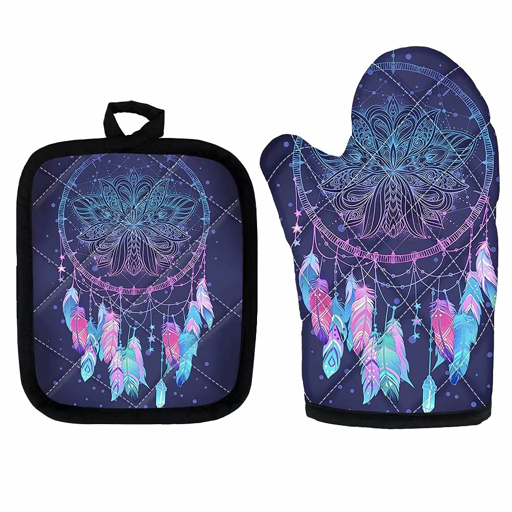 KUIFORTI Dream Catcher Print Oven Mitts and Pot Holders Set - 2 Piece Heat Resistant Kitchen Gloves with Non-Slip Grip & Matching Pot Mats for Cooking, Baking, BBQ, Grilling - Perfect for Home Kitchen, Camping & Outdoor Cooking