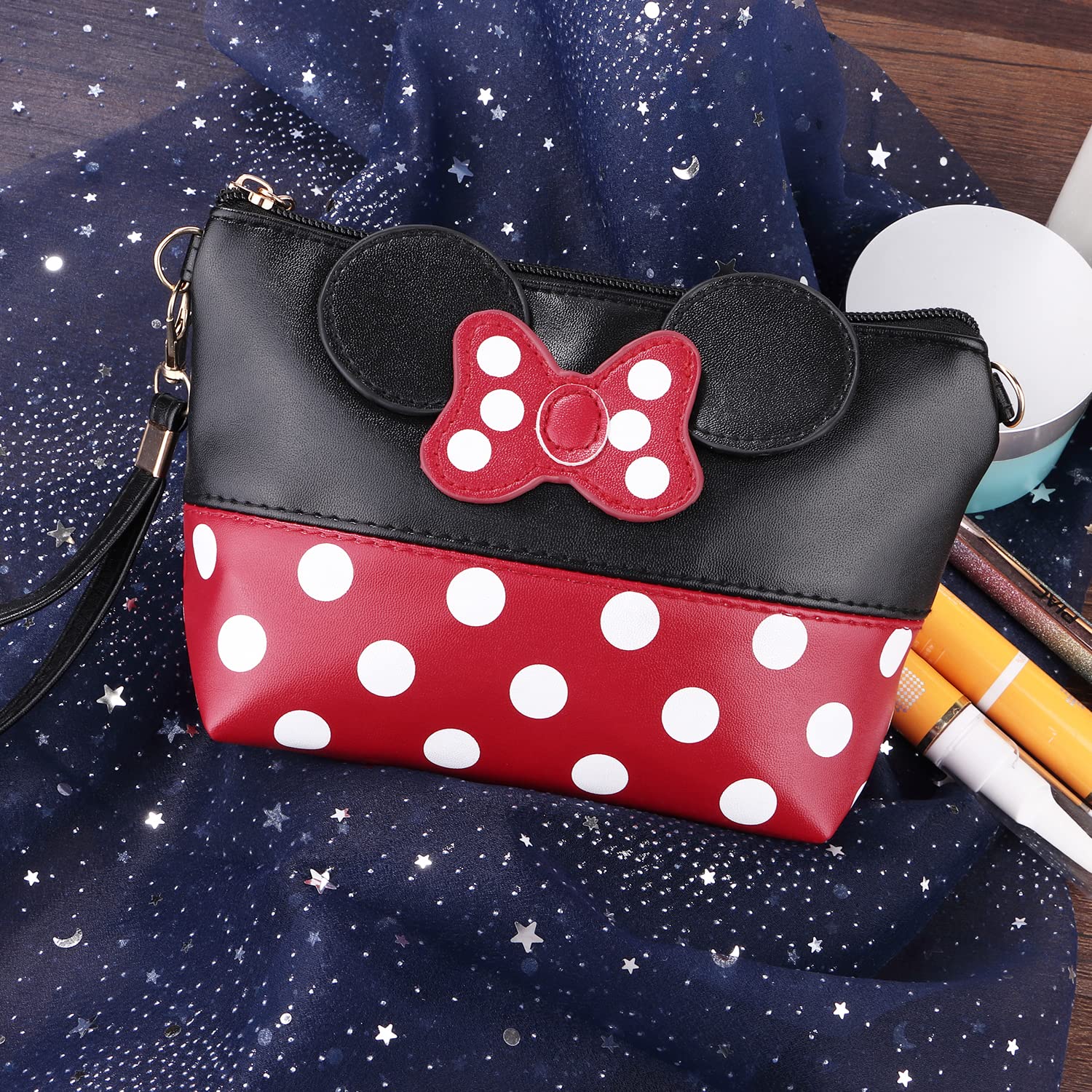 2 Pack Cute Cartoon Leather Travel Makeup Bag for Women & Teens - Portable Cosmetic Organizer & Toiletry Pouch for Girls (Black) | Perfect for Travel, Gym, School & Daily Use