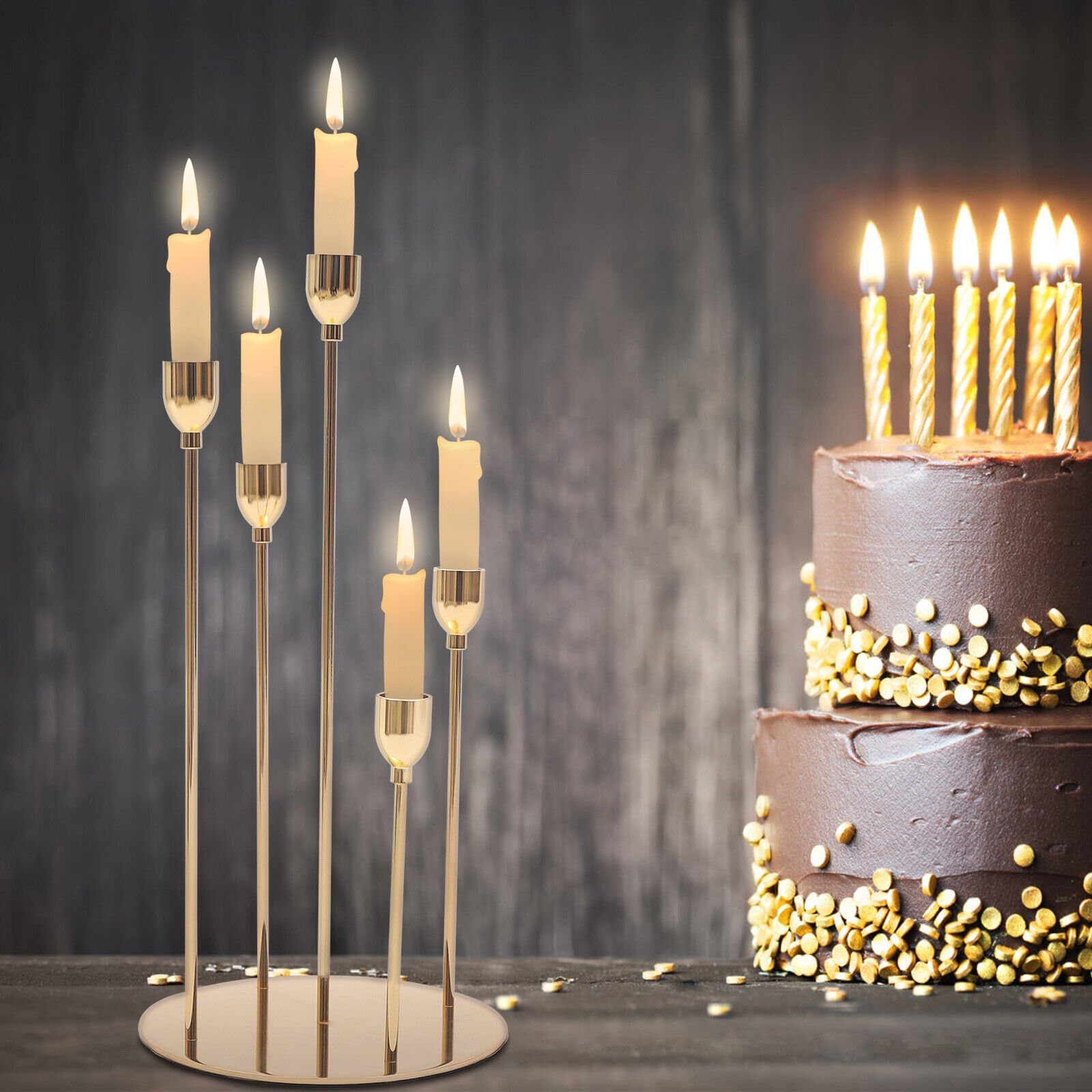 VINCIGANT 8-Piece Gold Taper Candle Holder Set - Elegant 5-Arm Metal Candelabra for Halloween, Weddings & Parties - Fits 0.78