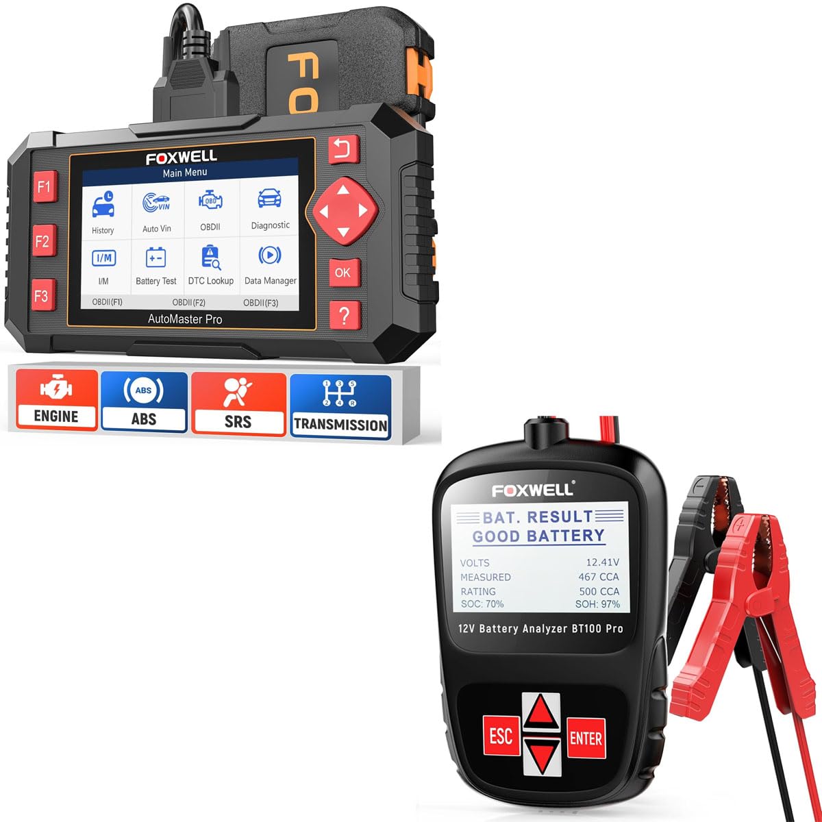 FOXWELL NT604 Elite OBD2 Scanner - ABS SRS Transmission Diagnostic Tool with BT100 Pro Car Battery Tester | Full System Scan for Cars, Trucks & SUVs | Perfect for Mechanics & DIY Auto Repairs