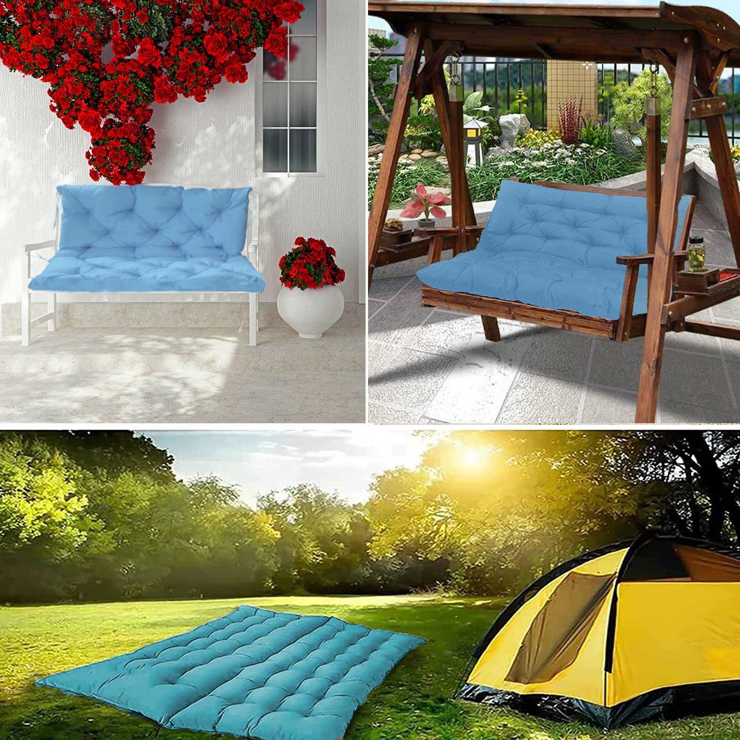 Waterproof Outdoor Swing Replacement Cushions with Backrest - 40x47 Inch Sky Blue Washable Bench Cushions for 2-3 Seater Garden Patio Loveseat - Perfect for Relaxing in Your Backyard or Poolside