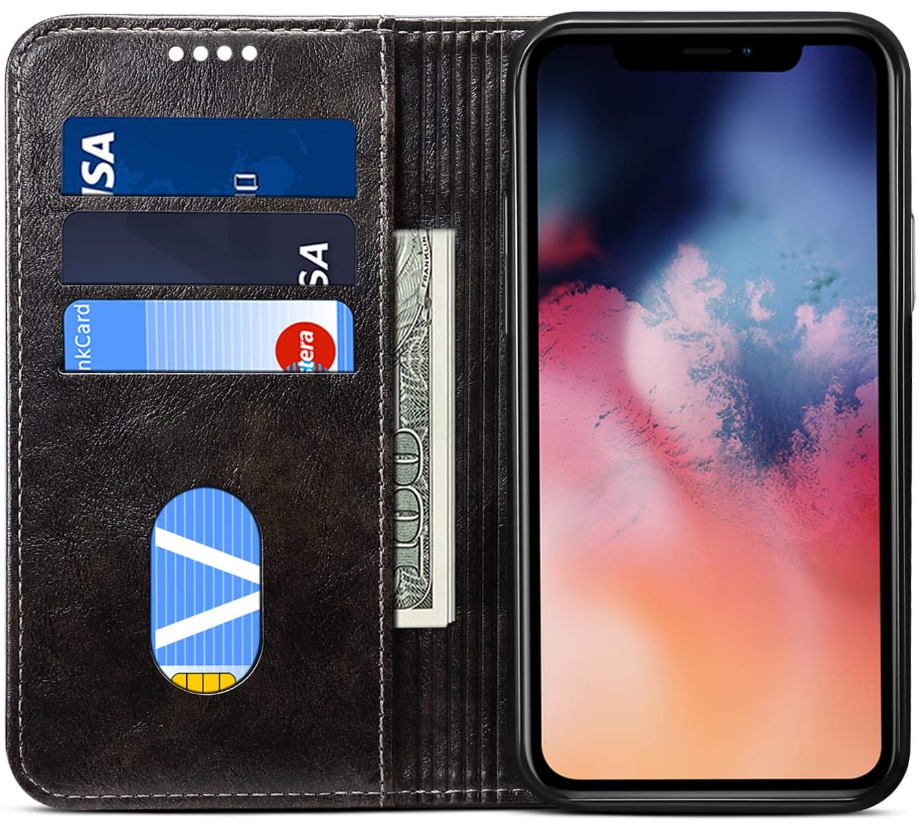Premium Leather Wallet Case for iPhone 11 Pro Max (6.5 inch, 2019) - Magnetic Folio Cover with Card Slots, ID Holder & Stand Function | Dark Grey | Perfect for Business, Travel & Daily Protection
