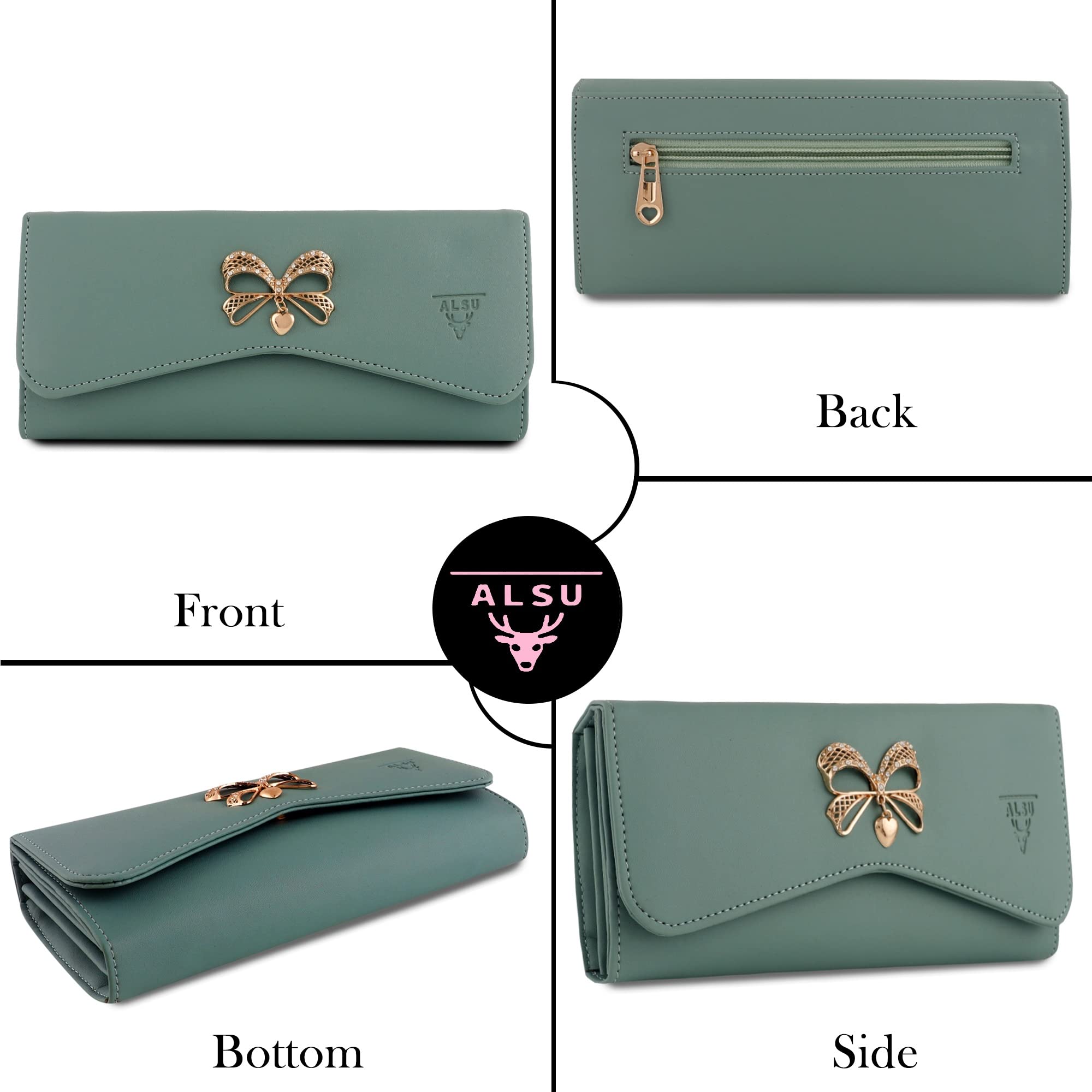 ALSU Women's Slim Wallet with Phone Pocket - 4 Card Slots & Coin Compartment - Premium Smooth Vegan Leather Clutch Purse (Light Green) | Perfect for Travel, Shopping & Night Out Accessories